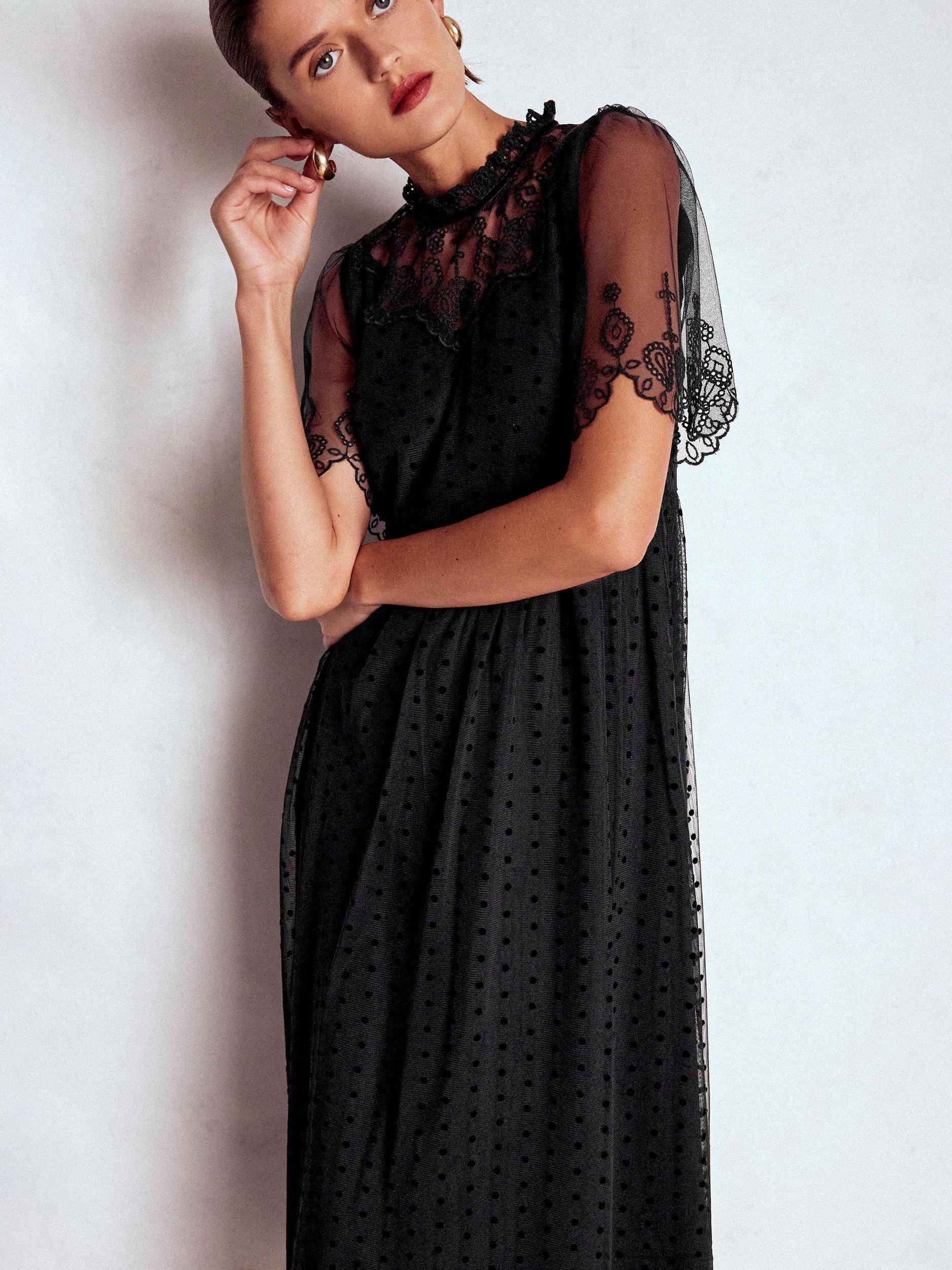 Product image 5 of 7, which shows Boden Embroidered Texture Round Neck Flared Midi Dress, Black, 12