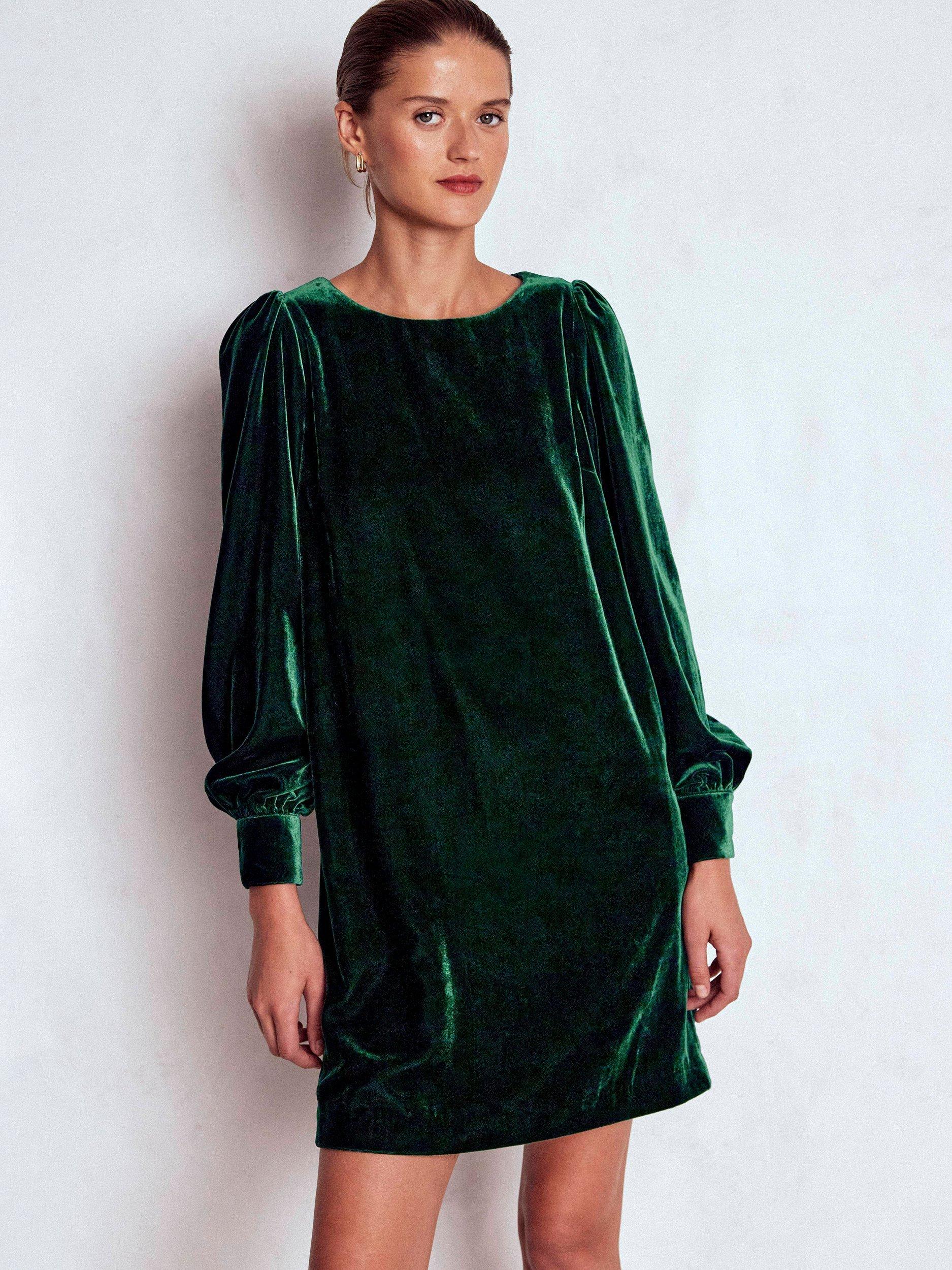 Product image 1 of 6, which shows Boden Estella Round Neck Velvet Mini Dress , Emerald Night, 8