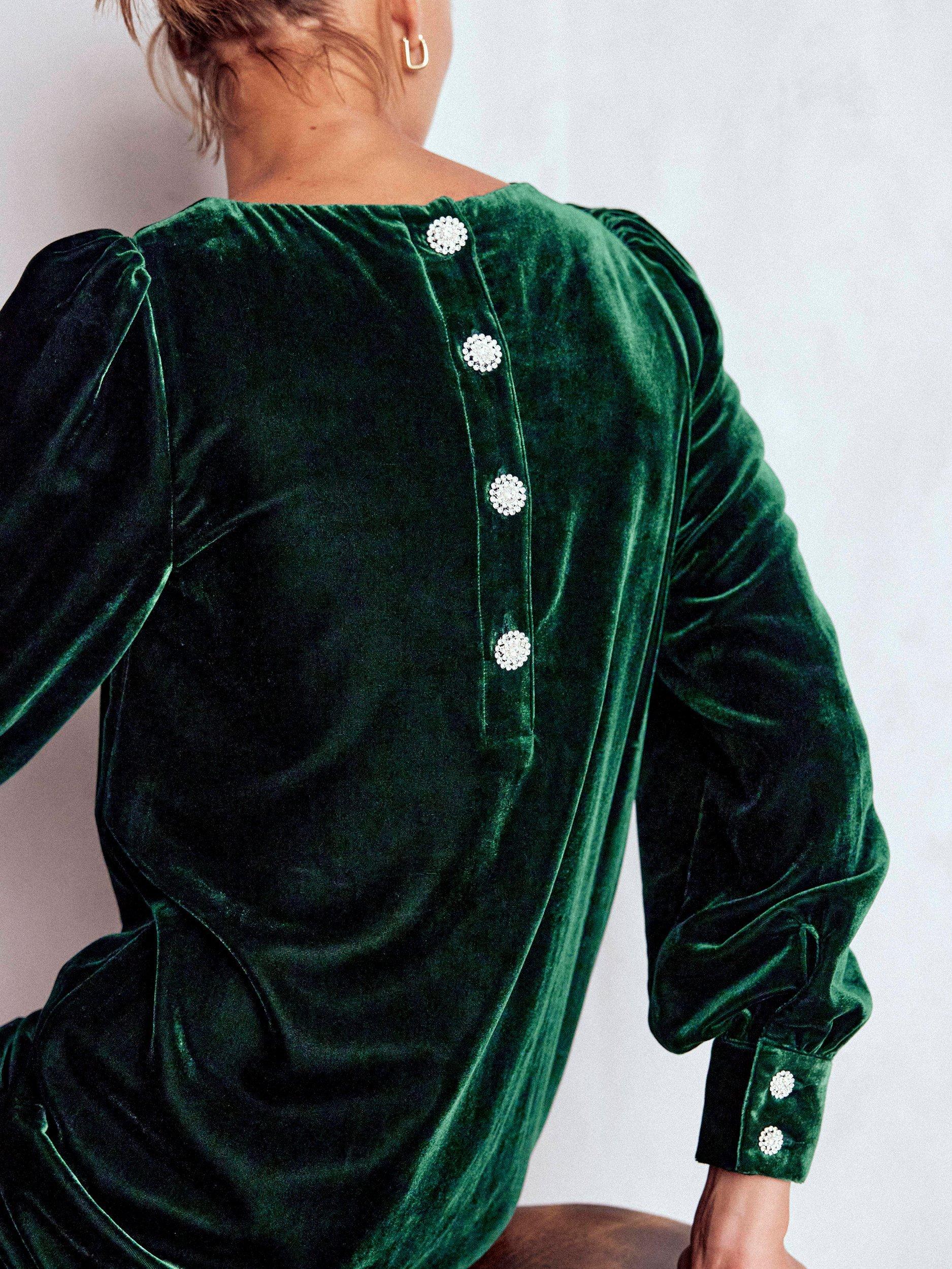 Product image 3 of 6, which shows Boden Estella Round Neck Velvet Mini Dress , Emerald Night, 8