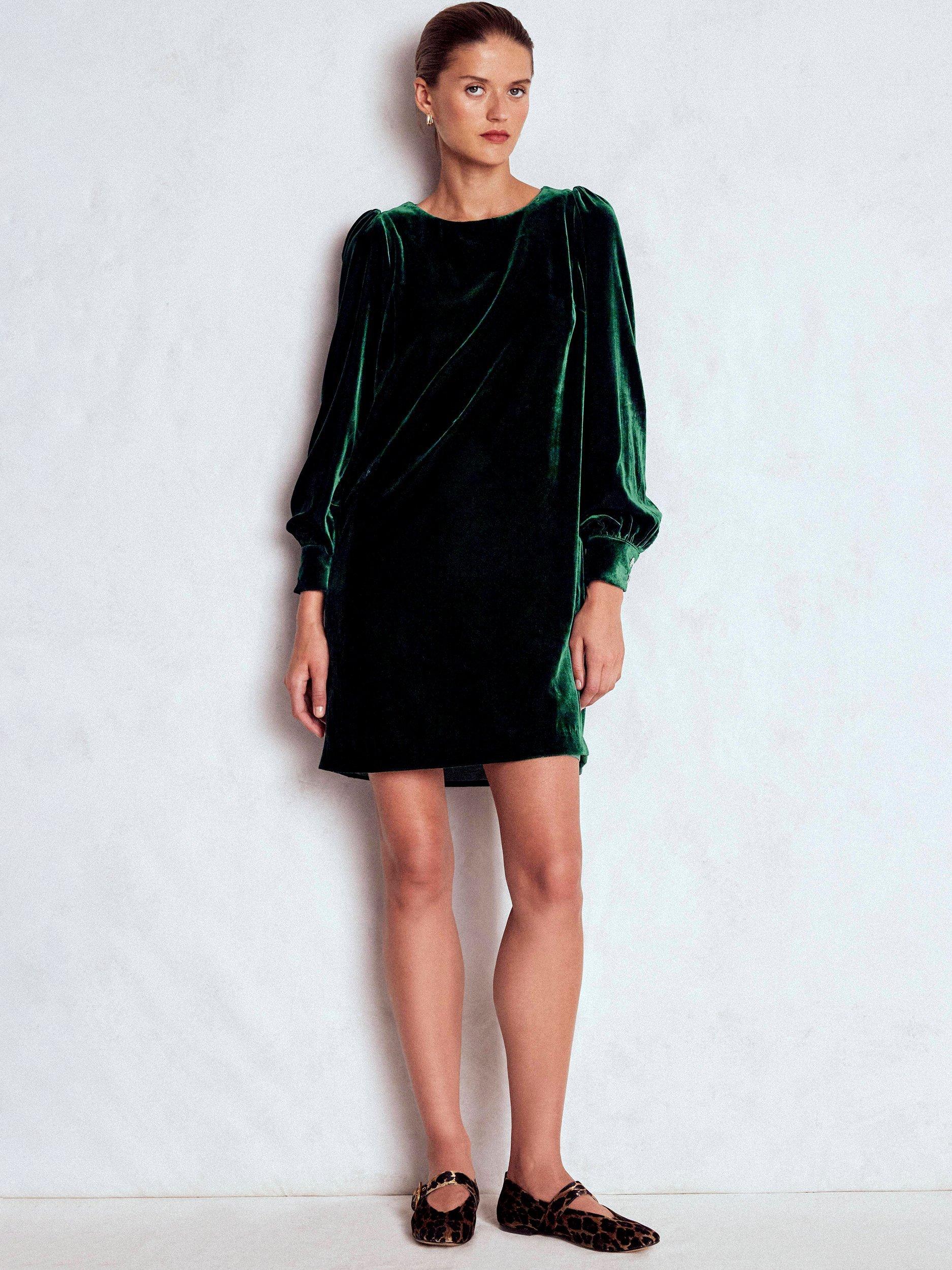 Product image 5 of 6, which shows Boden Estella Round Neck Velvet Mini Dress , Emerald Night, 8