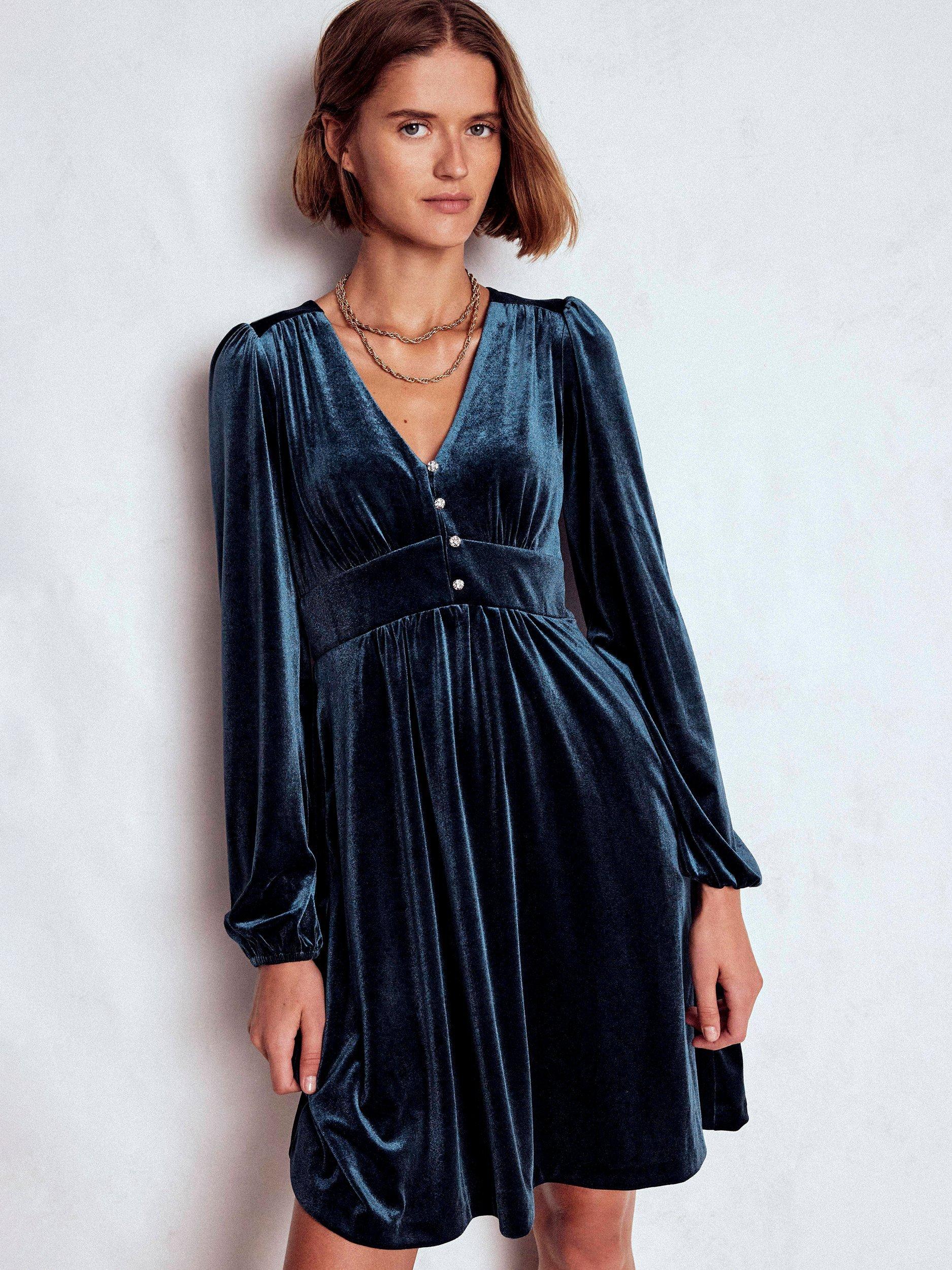 Product image 1 of 5, which shows Boden Jocelyn Velvet Mini Dress, Midnight Ocean, 10