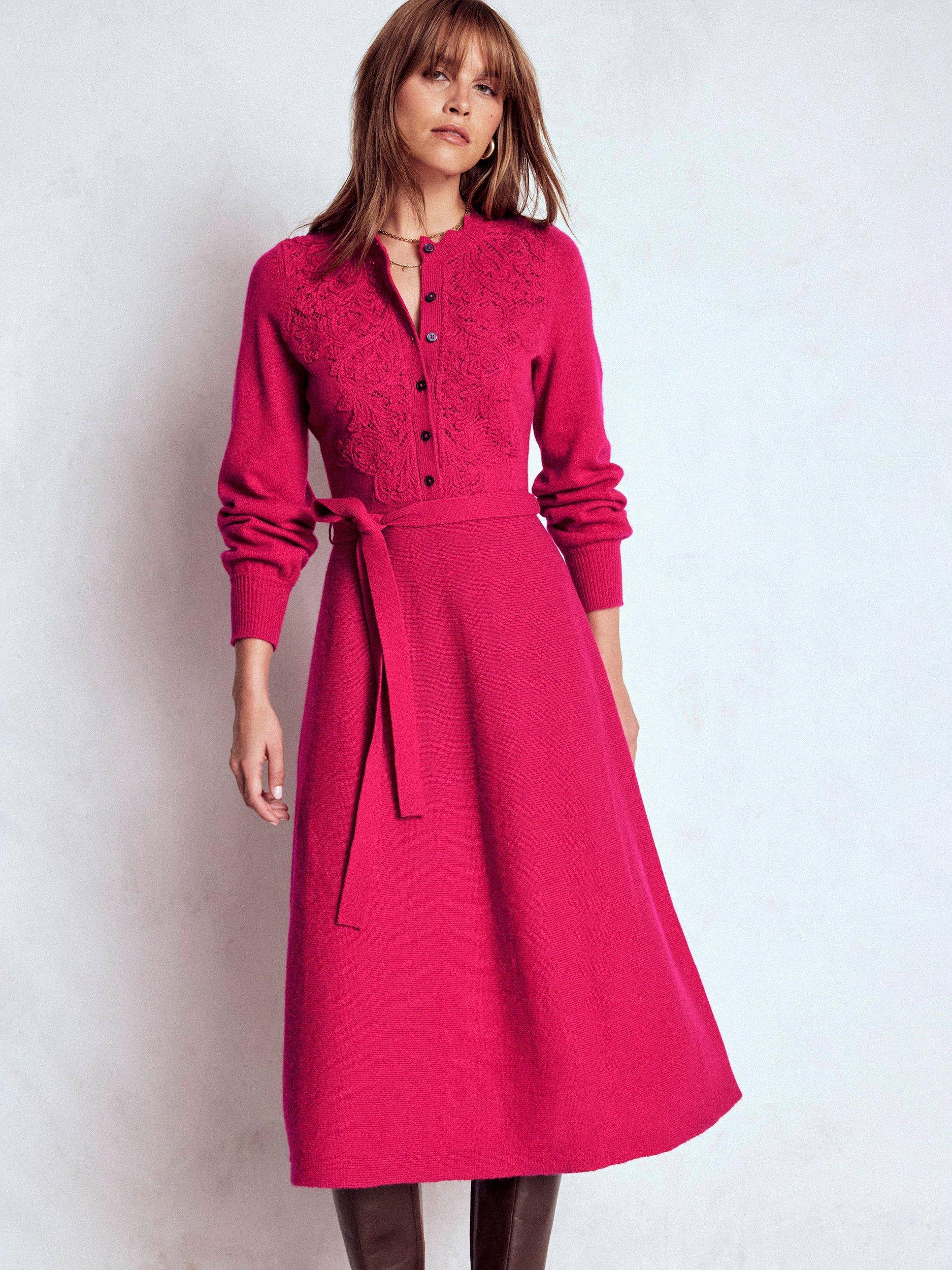Product image 1 of 7, which shows Boden Lace Insert Wool Blend Knitted Midi Dress, Vibrant Pink, 8