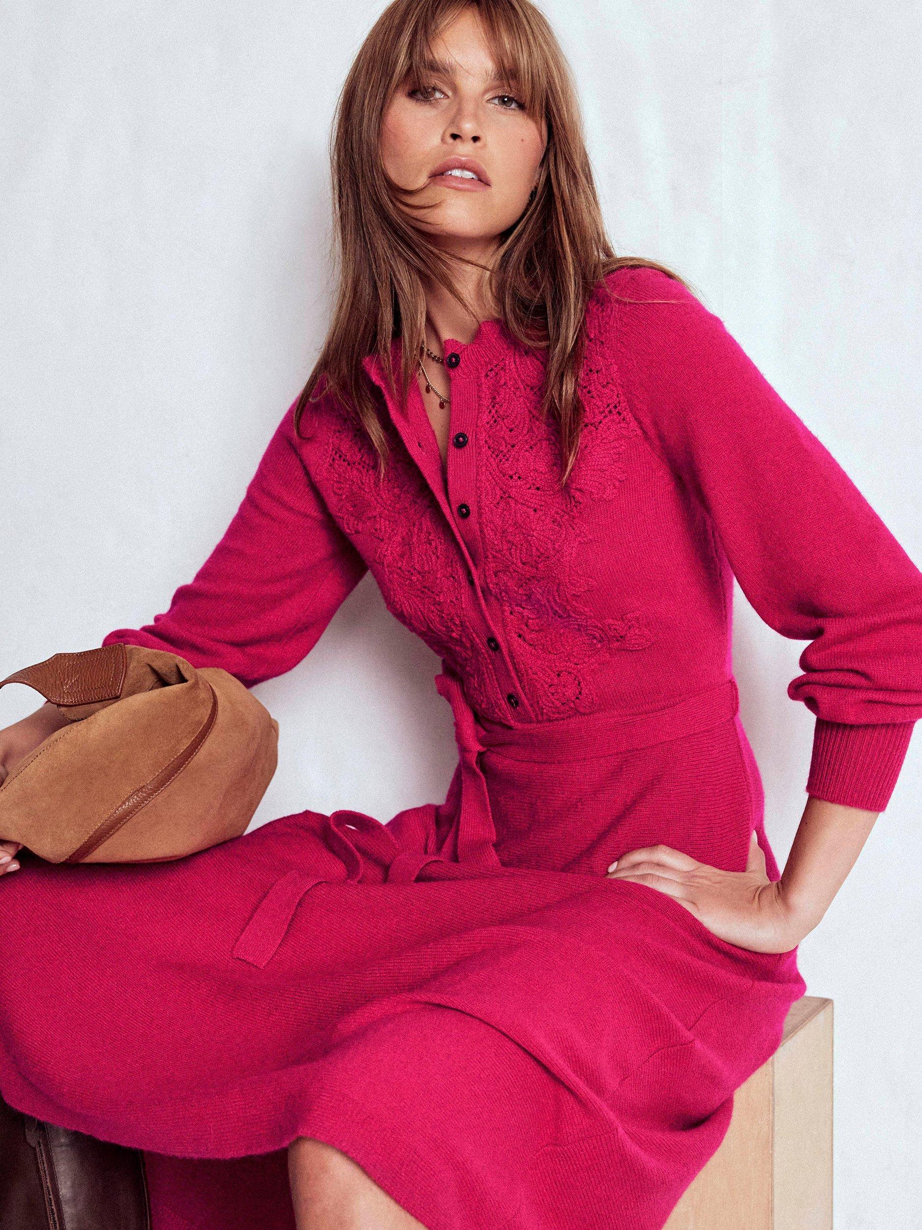 Product image 2 of 7, which shows Boden Lace Insert Wool Blend Knitted Midi Dress, Vibrant Pink, 8