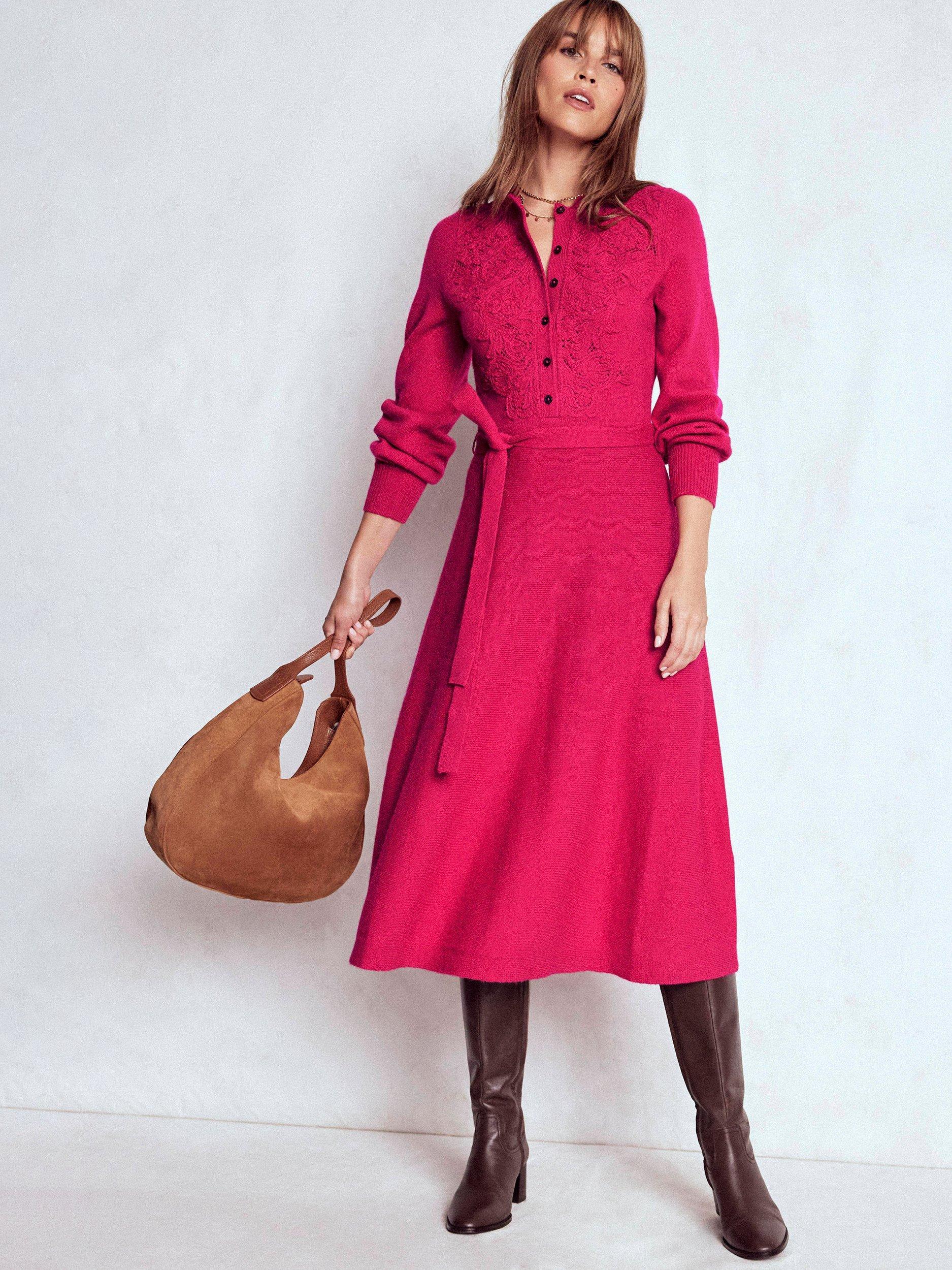 Product image 5 of 7, which shows Boden Lace Insert Wool Blend Knitted Midi Dress, Vibrant Pink, 8