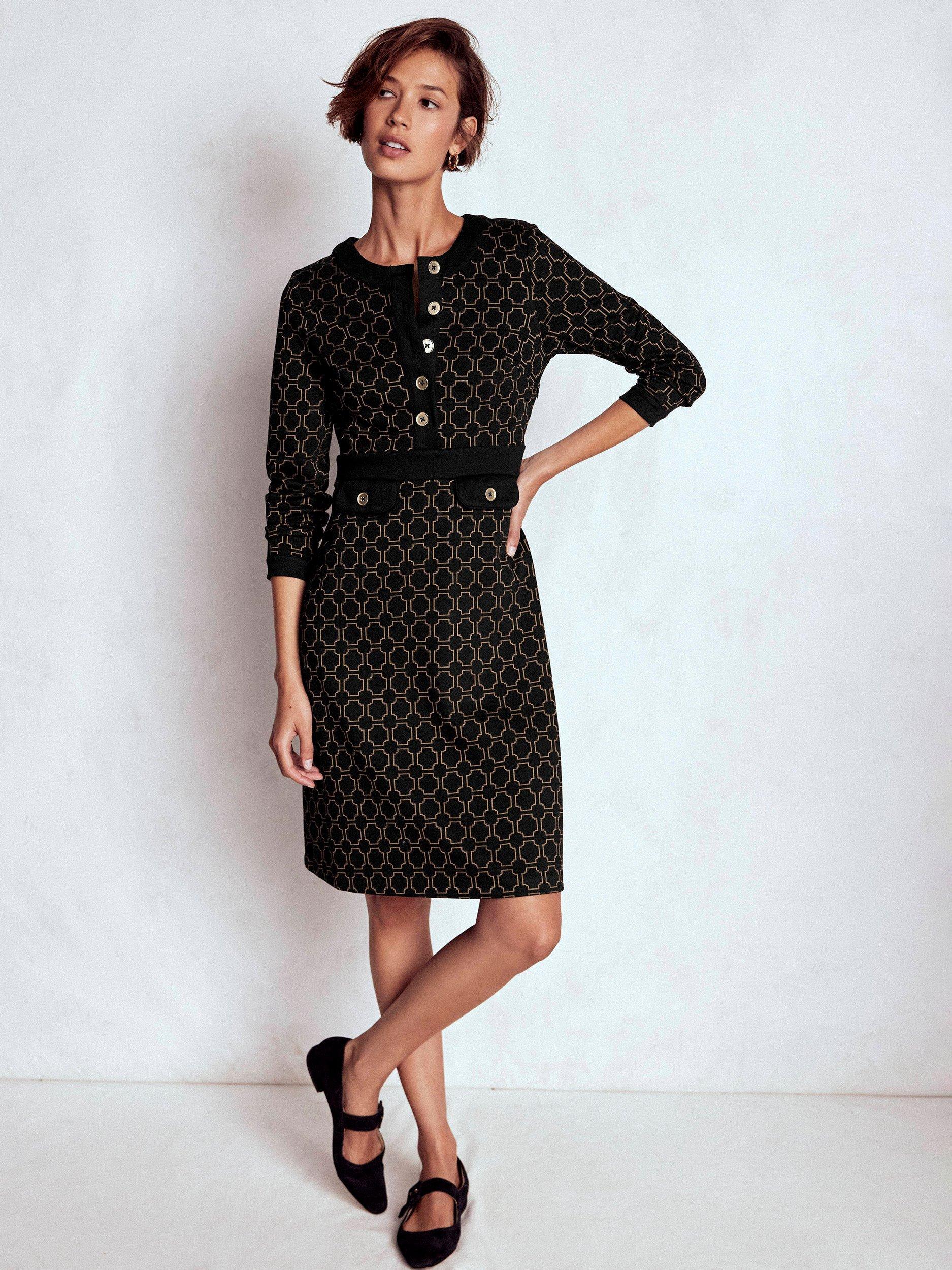 Boden Lavinia Geometric Ottoman Dress, Black/Camel