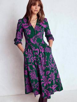 Boden Natalia Floral Long Sleeve Tea Dress, Emerald/Multi, Emerald/Multi