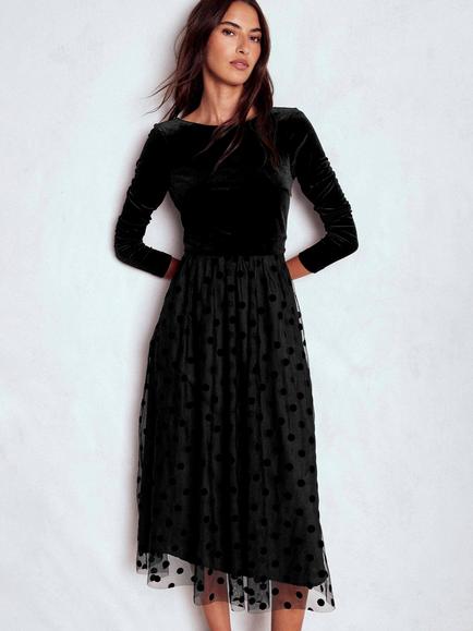 Boden Velvet Bodice Polka Dot Dress, Black, Black
