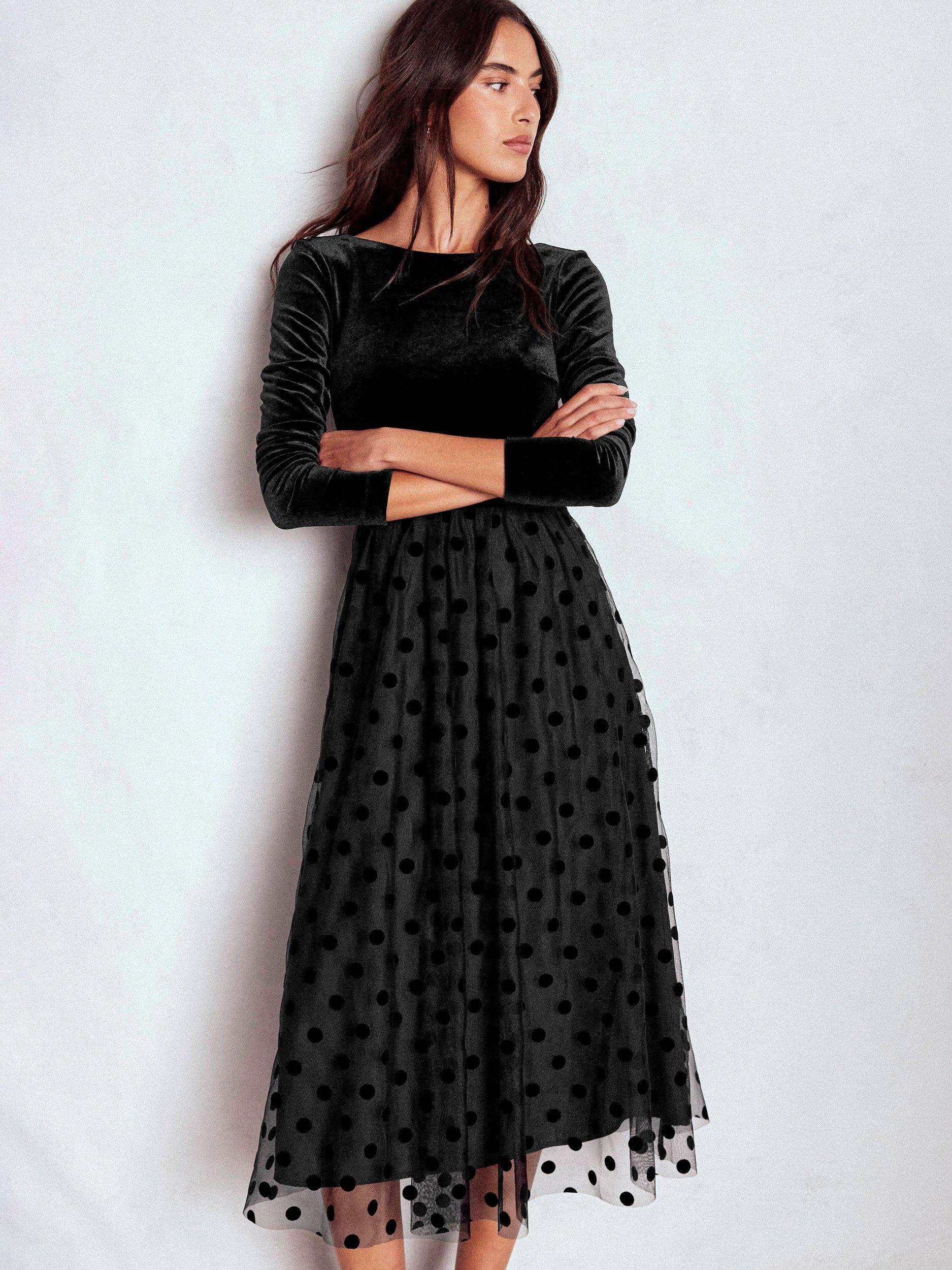 Boden Velvet Bodice Polka Dot Dress, Black