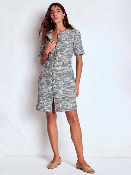 Boden Textured Tab Shift Dress, Blue/White, Blue/White