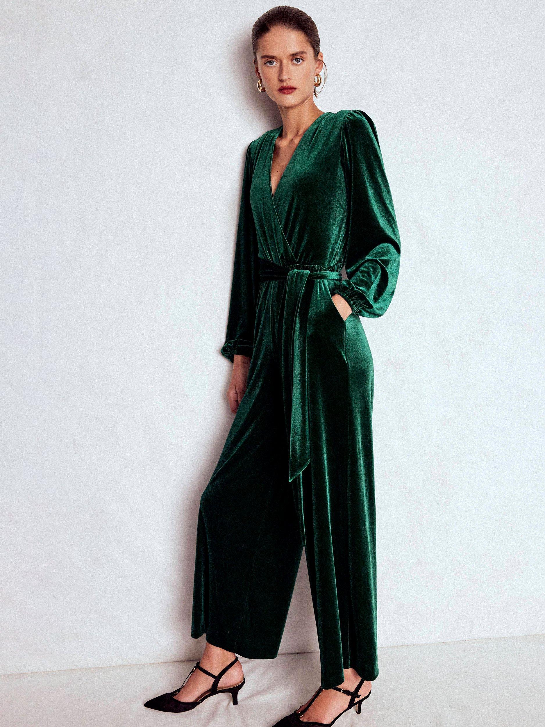 Product image 1 of 5, which shows Boden Velvet Wrap Jumpsuit, Emerald Night, 10