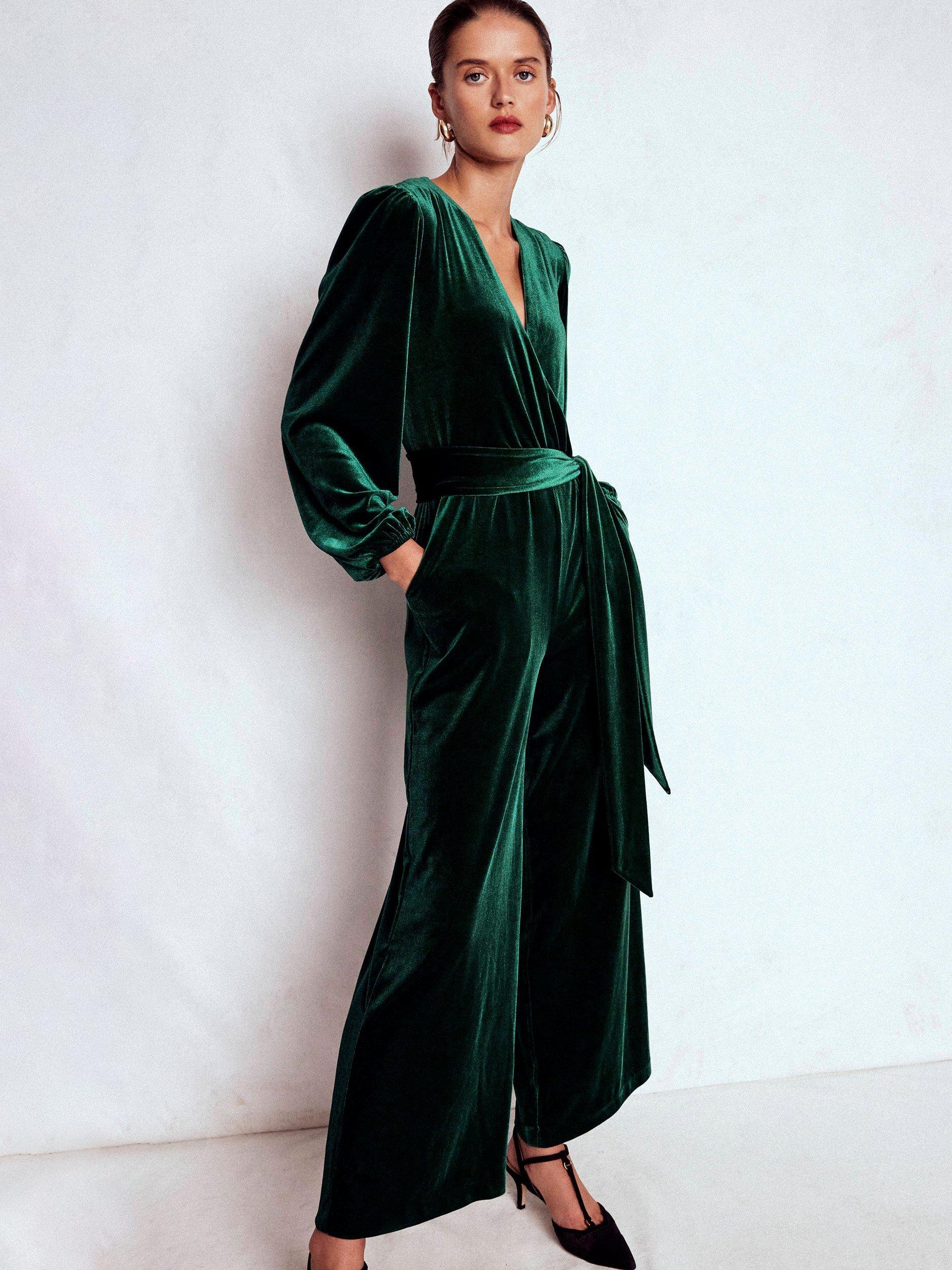 Product image 2 of 5, which shows Boden Velvet Wrap Jumpsuit, Emerald Night, 10