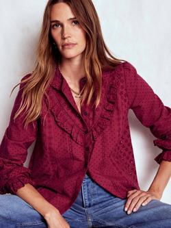 Boden Cotton Broderie Ruffle Long Sleeve Collar Blouse, Ruby Red