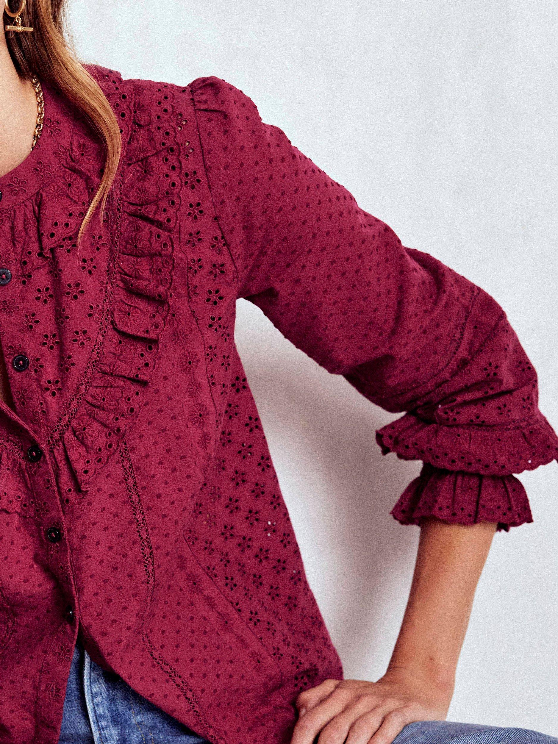 Product image 2 of 5, which shows Boden Cotton Broderie Ruffle Long Sleeve Collar Blouse, Ruby Red, 8