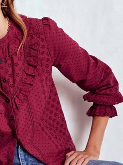 Boden Cotton Broderie Ruffle Long Sleeve Collar Blouse - view 2, Ruby Red