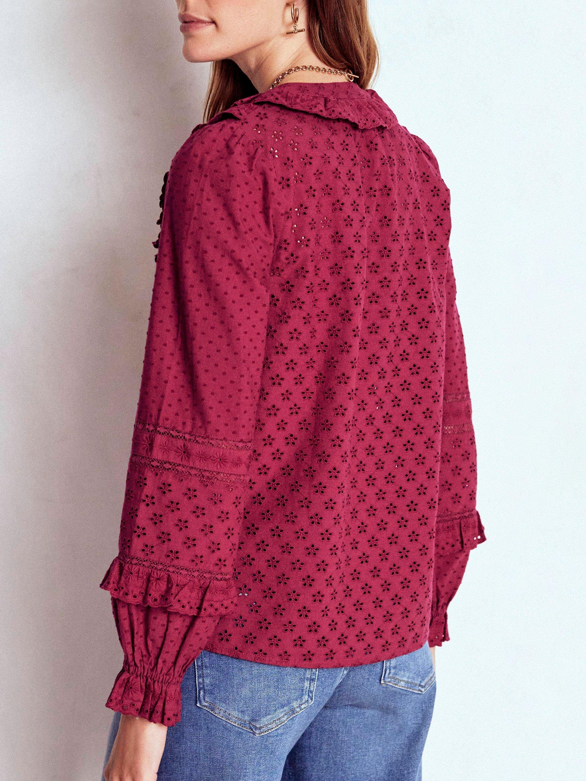 Product image 3 of 5, which shows Boden Cotton Broderie Ruffle Long Sleeve Collar Blouse, Ruby Red, 8
