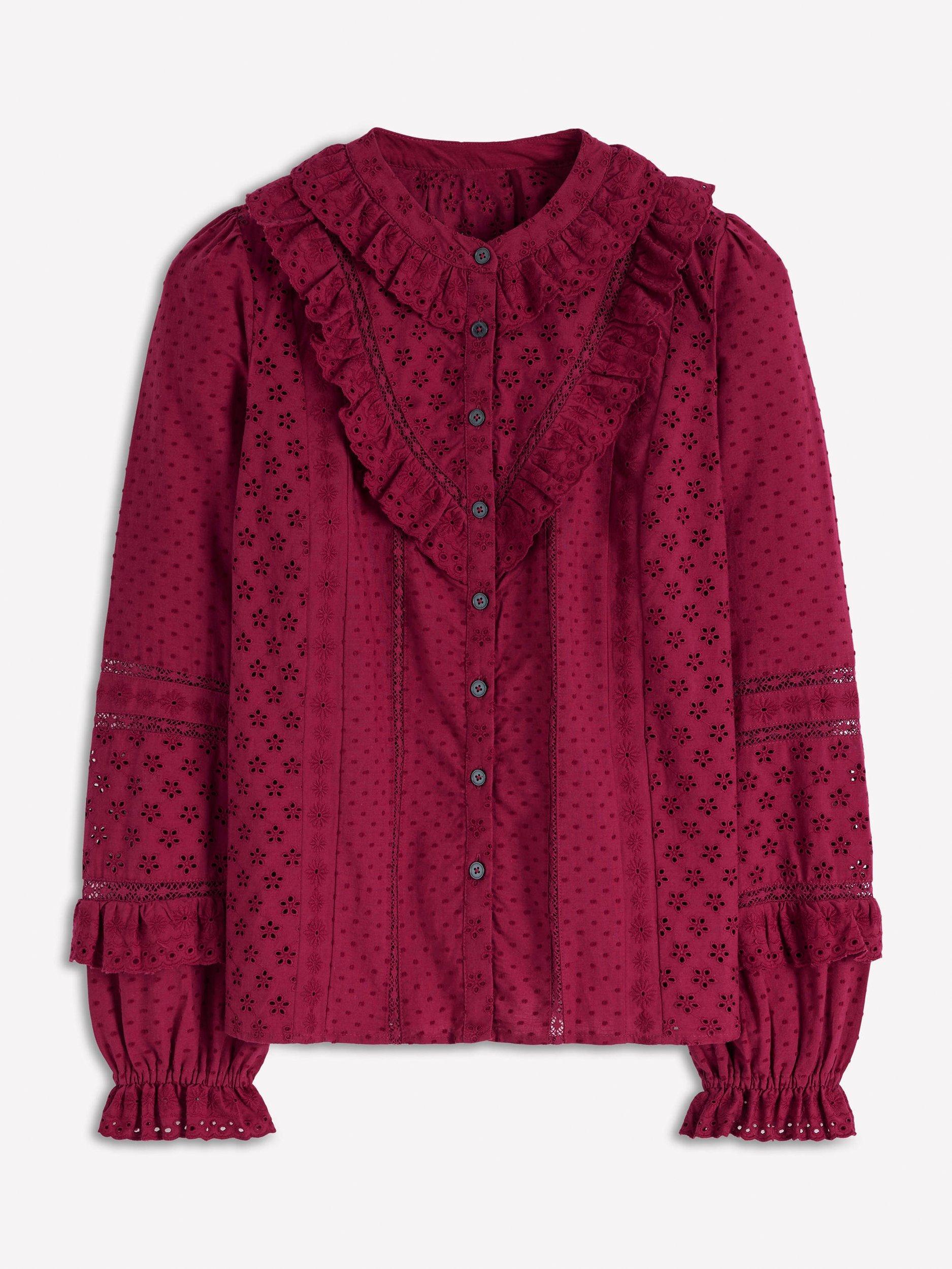 Product image 5 of 5, which shows Boden Cotton Broderie Ruffle Long Sleeve Collar Blouse, Ruby Red, 8