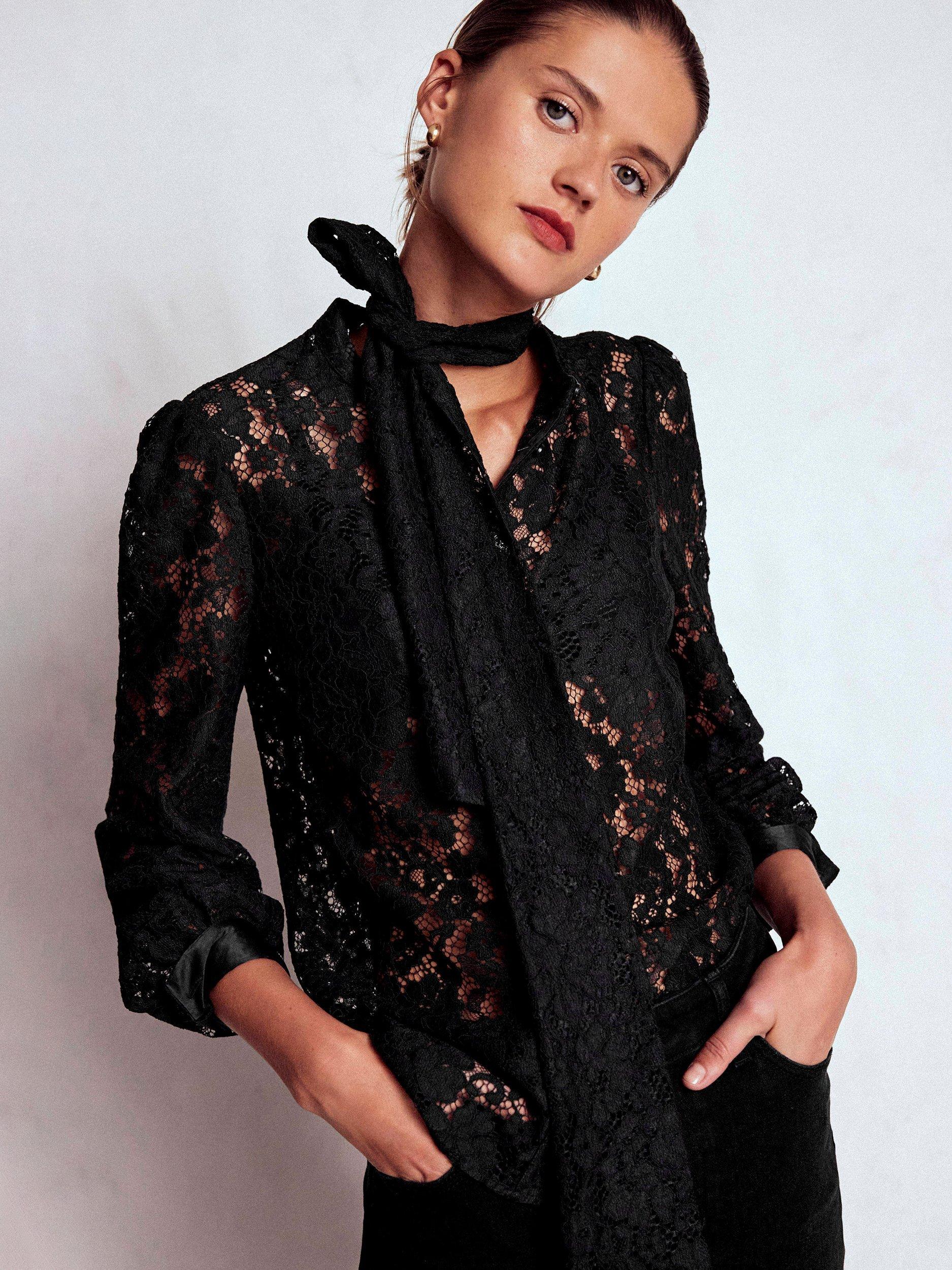 Product image 1 of 6, which shows Boden Lace Tie Neck Top, Black, 16