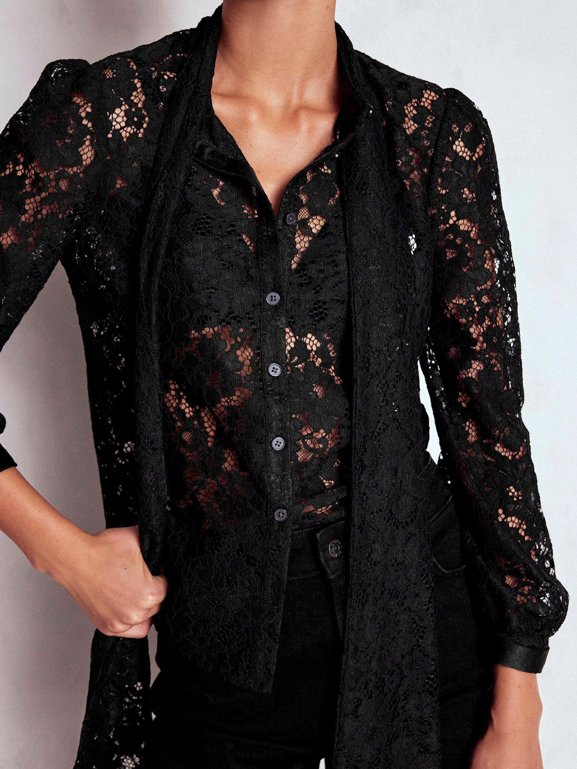 Product image 2 of 6, which shows Boden Lace Tie Neck Top, Black, 16