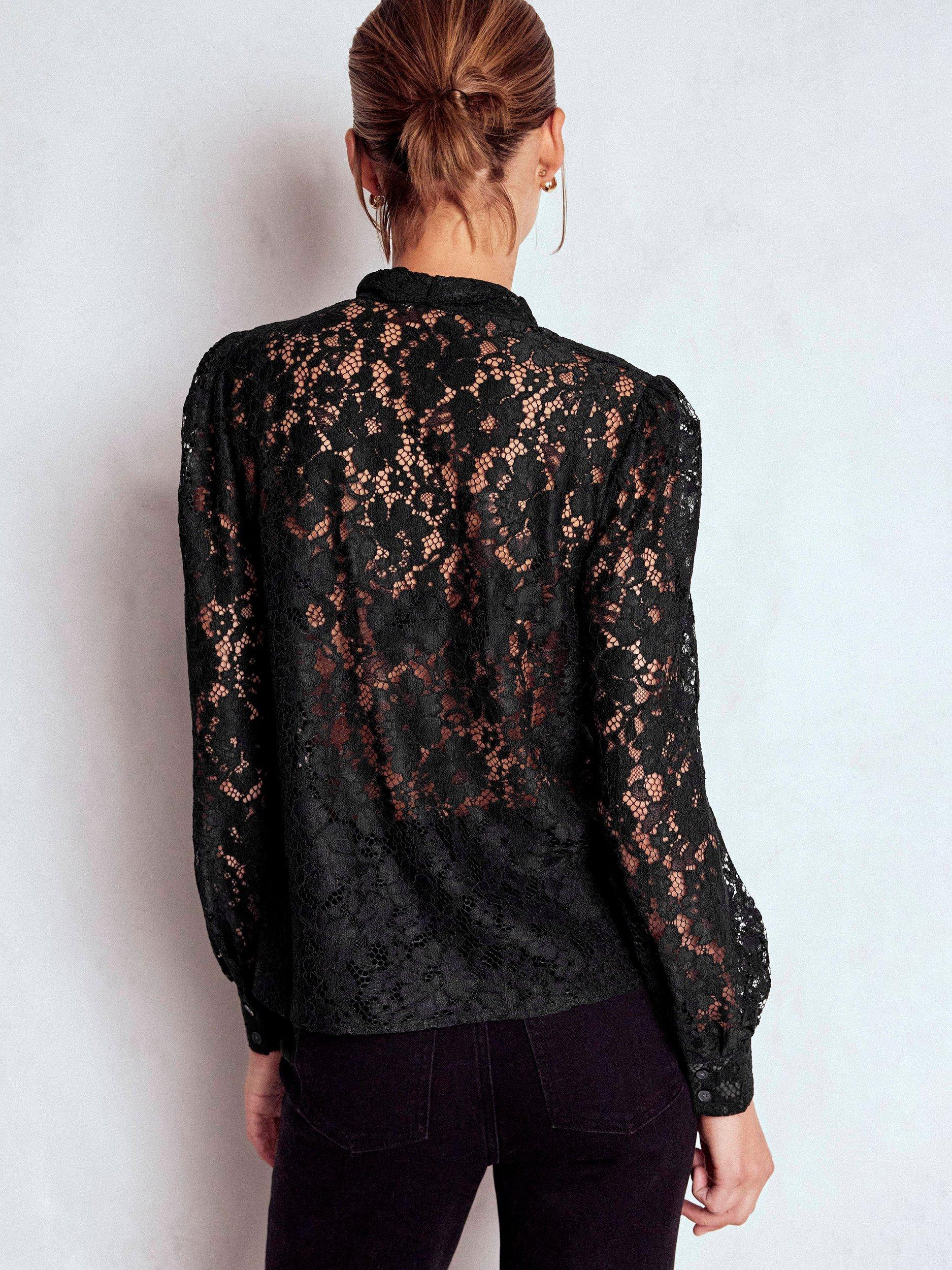 Product image 3 of 6, which shows Boden Lace Tie Neck Top, Black, 16