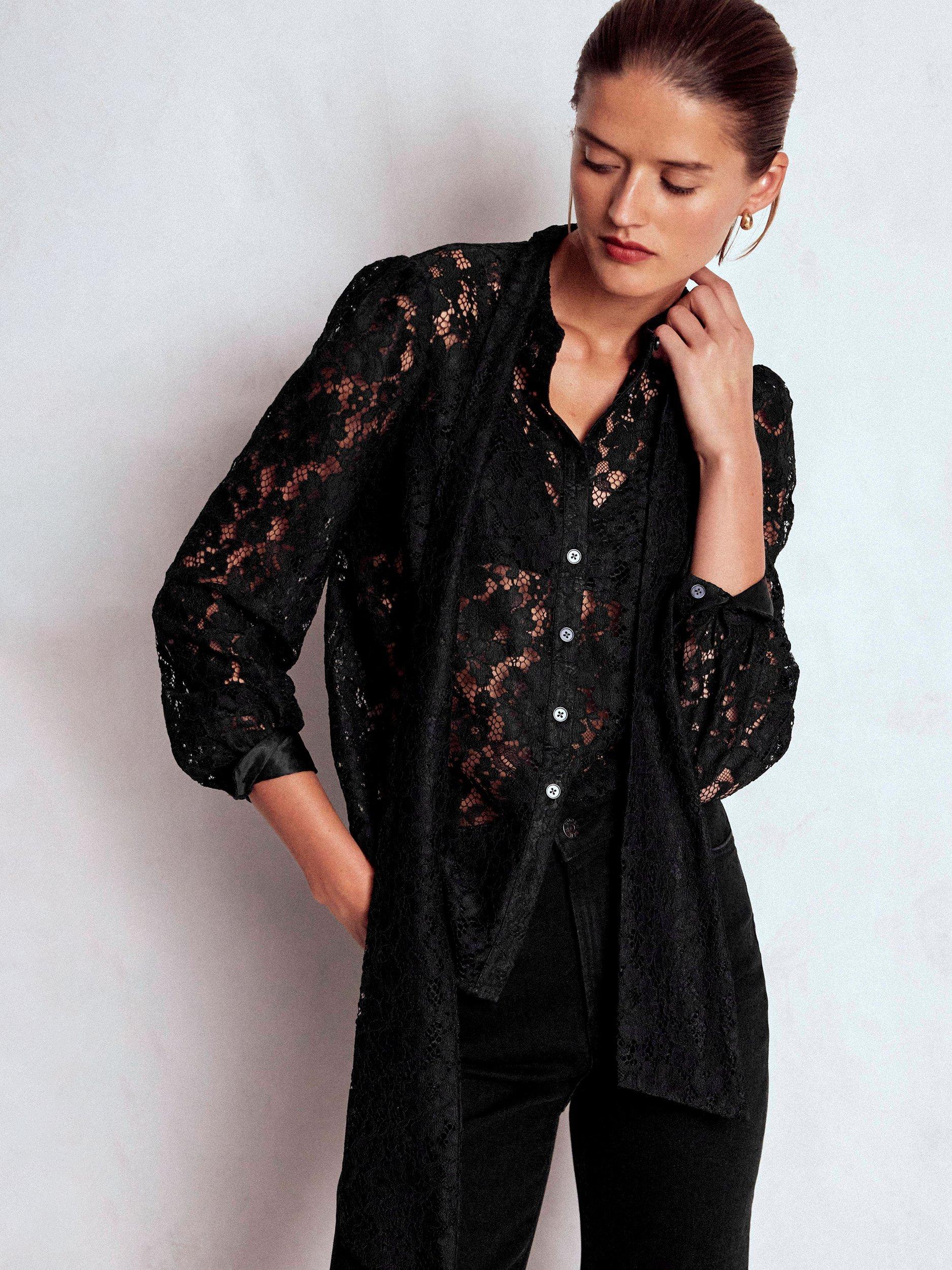 Product image 5 of 6, which shows Boden Lace Tie Neck Top, Black, 16