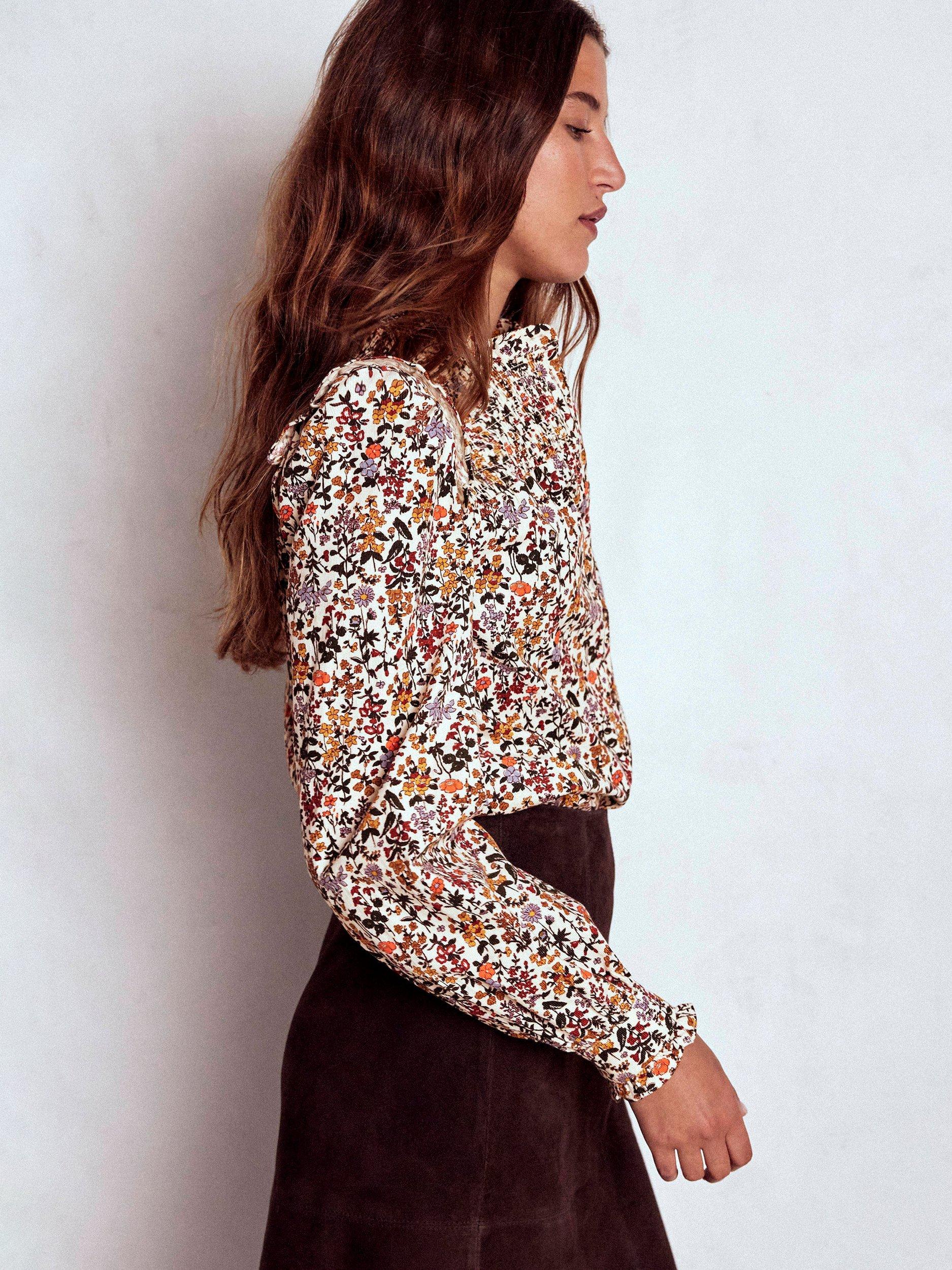 Product image 4 of 8, which shows Boden Floral Long Sleeve Round Neck Blouse, Ivory/Multi, 8