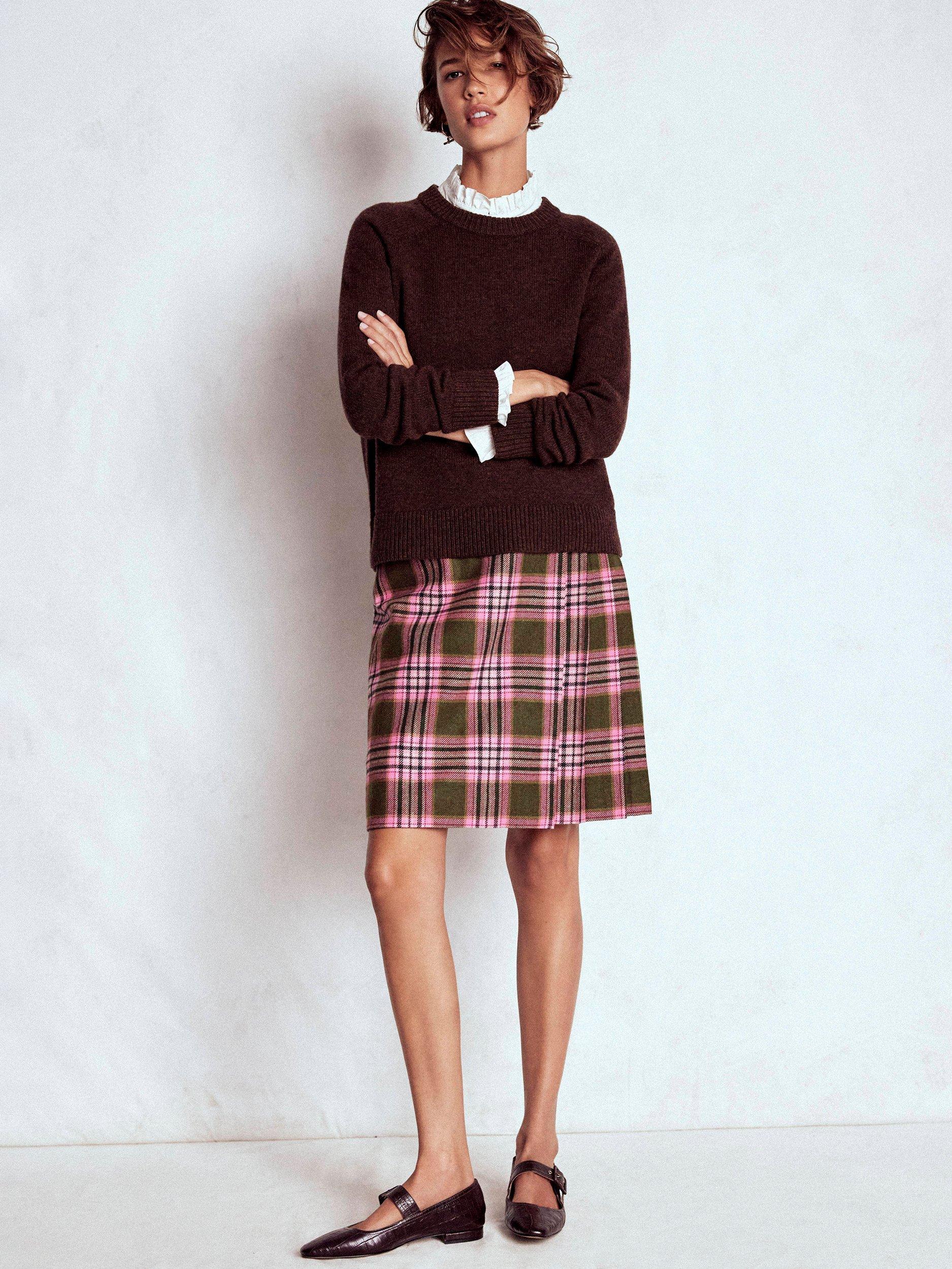 Boden Helen Tartan Wool Blend Kilt Skirt, Olive Green/Pink