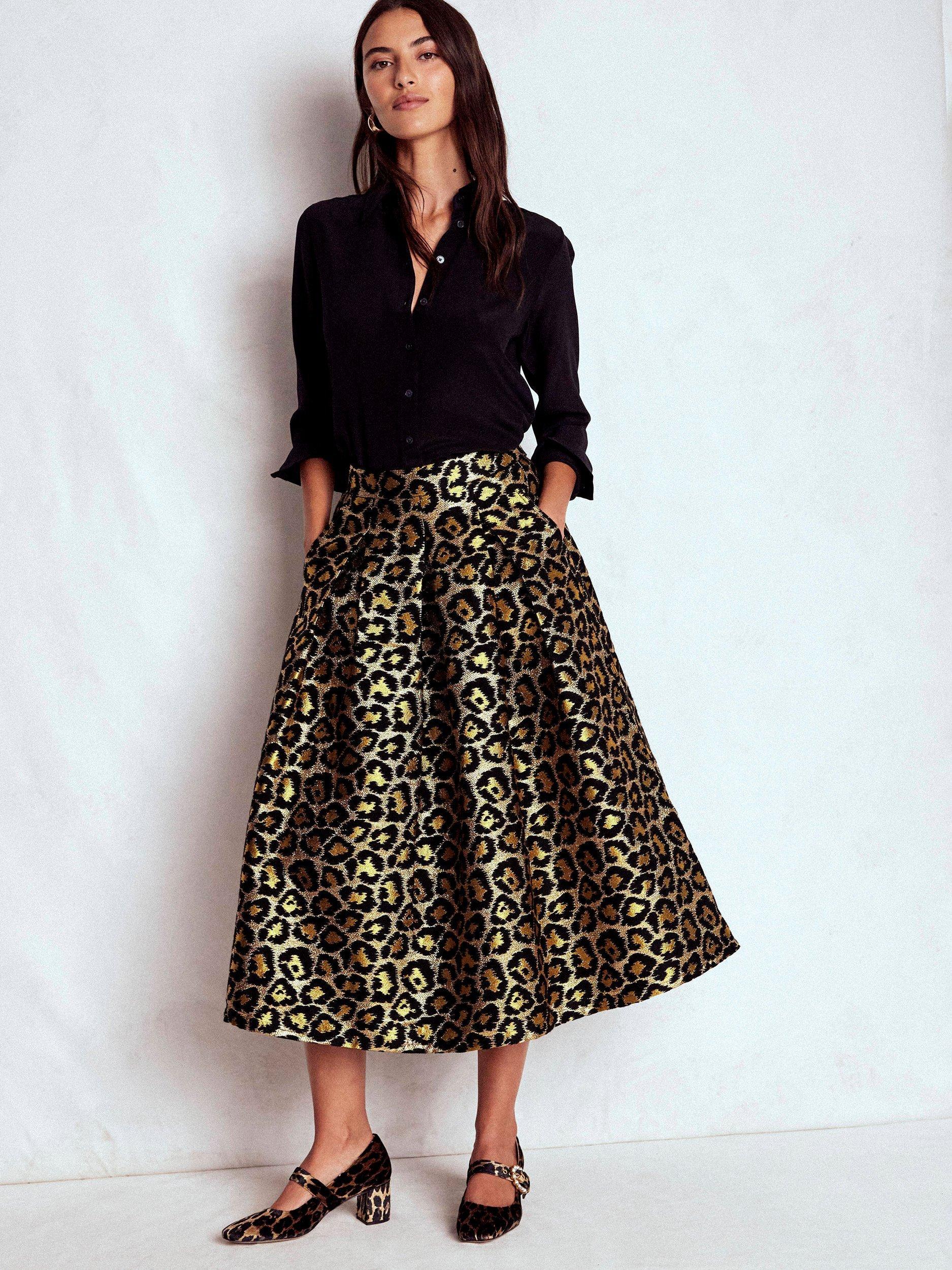 Product image 1 of 5, which shows Boden Verity Jacquard Leopard Print Midi Skirt, Brown/Multi, 10