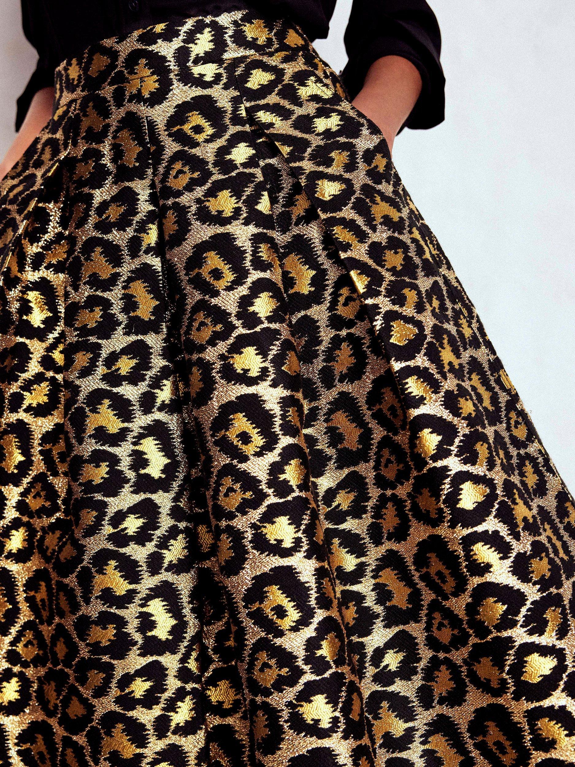 Product image 2 of 5, which shows Boden Verity Jacquard Leopard Print Midi Skirt, Brown/Multi, 10
