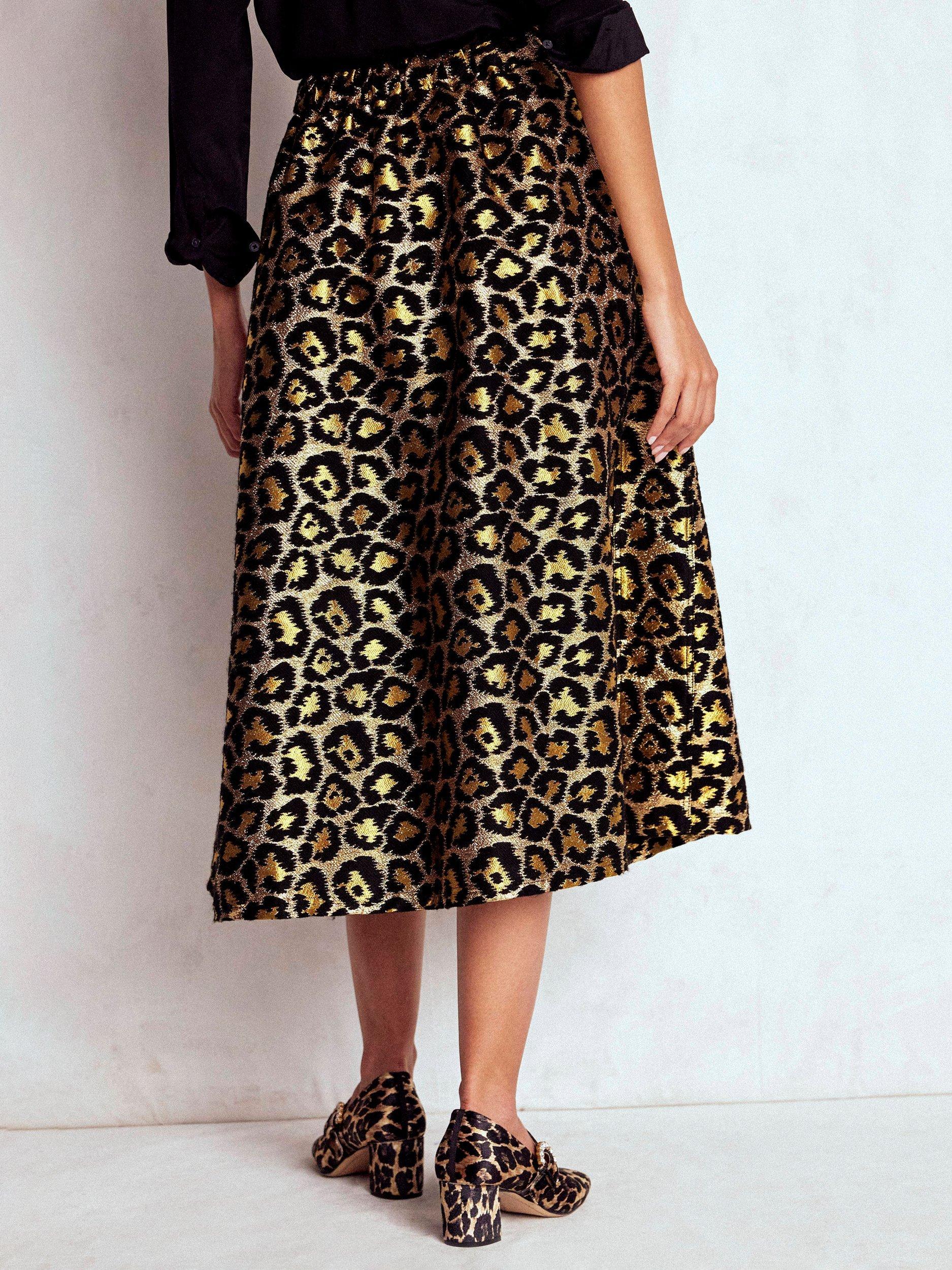 Product image 3 of 5, which shows Boden Verity Jacquard Leopard Print Midi Skirt, Brown/Multi, 10