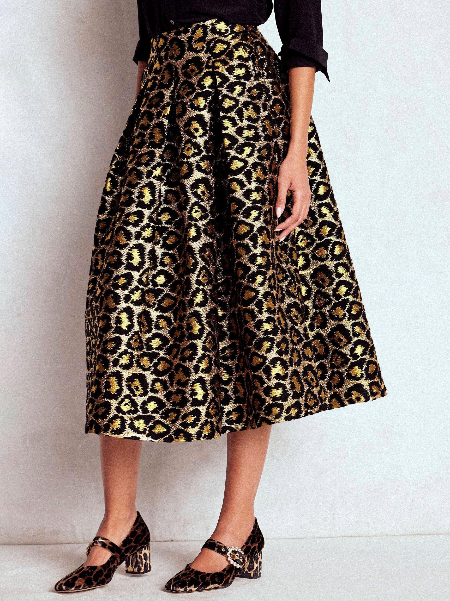 Product image 4 of 5, which shows Boden Verity Jacquard Leopard Print Midi Skirt, Brown/Multi, 10
