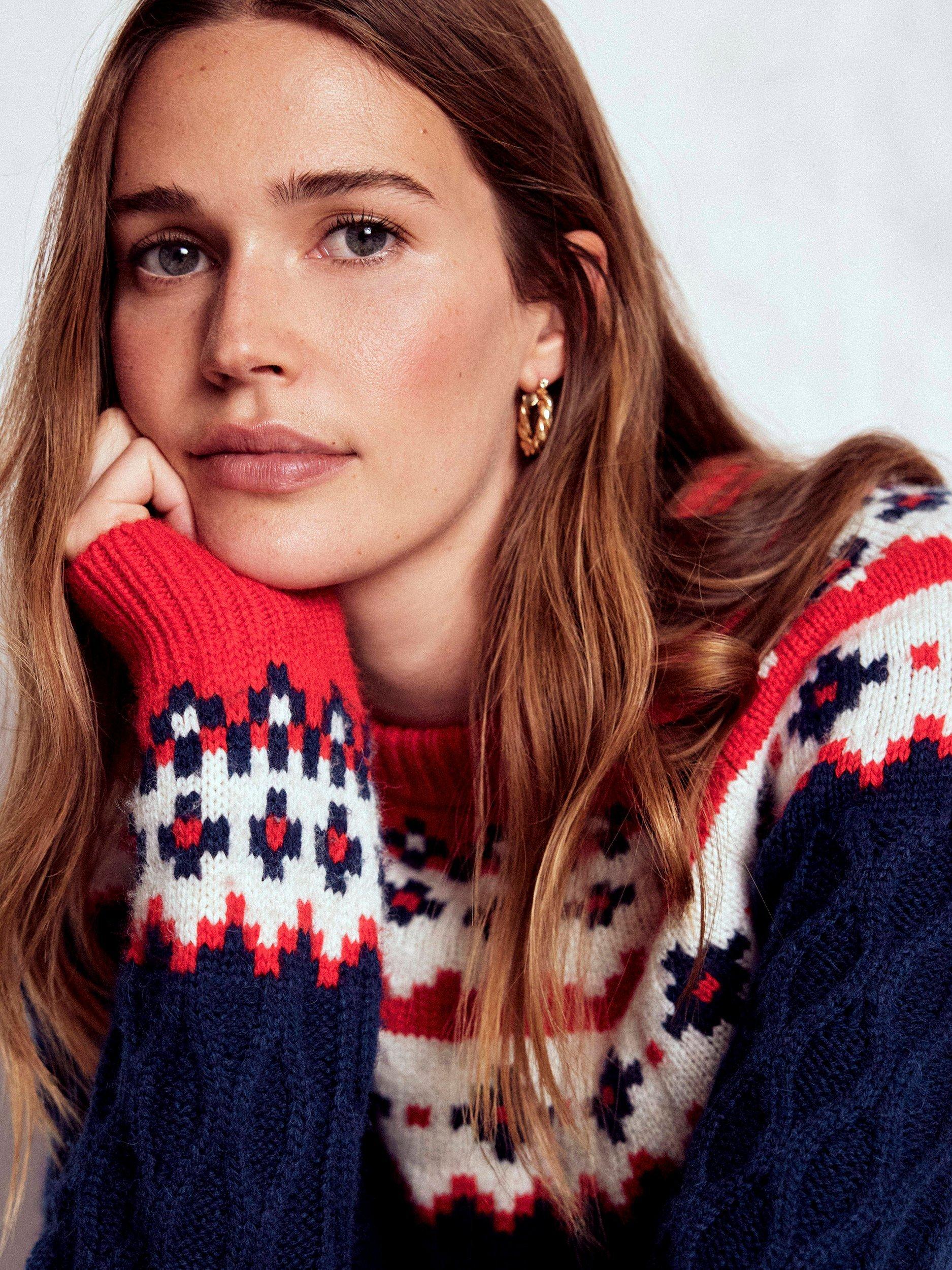 Product image 2 of 5, which shows Boden Eleanor Fair Isle Round Neck Wool Blend Jumper , Navy/Multi, S