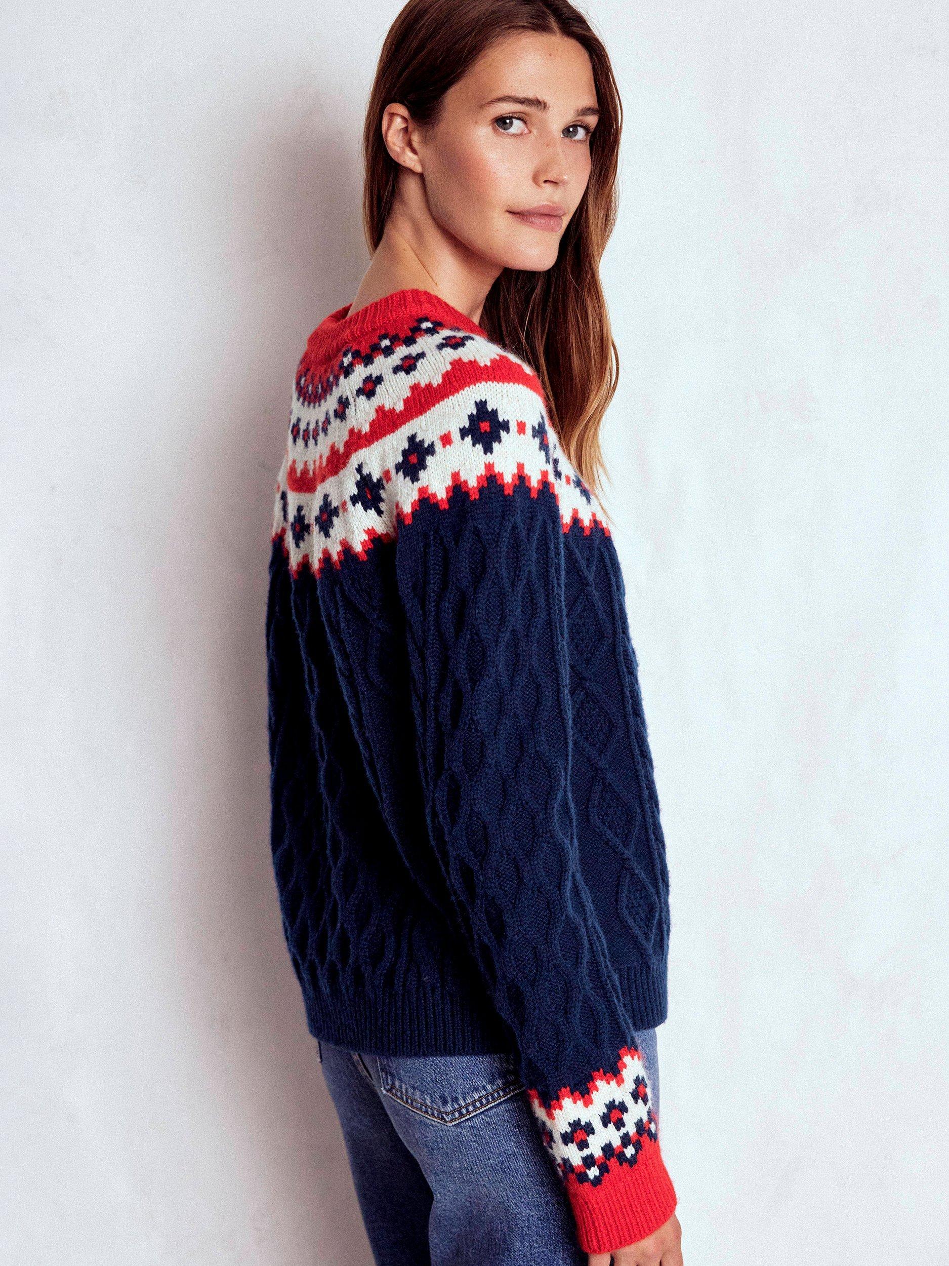 Product image 3 of 5, which shows Boden Eleanor Fair Isle Round Neck Wool Blend Jumper , Navy/Multi, S