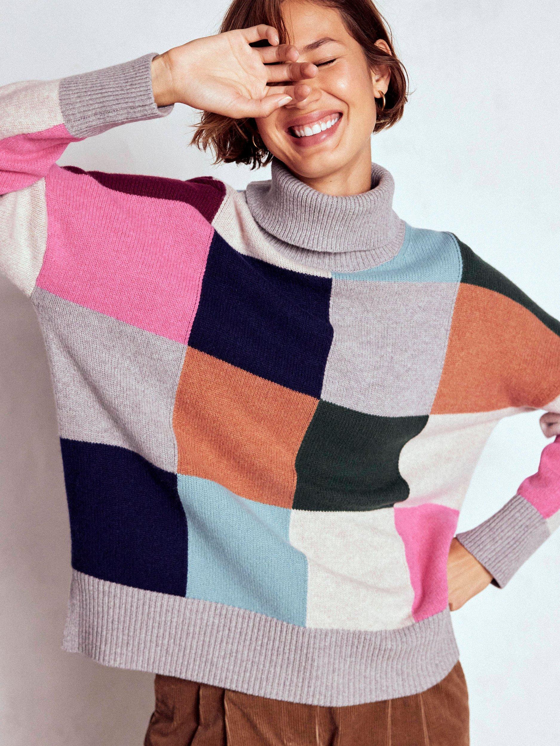 Product image 1 of 7, which shows Boden Polly Check Pure Wool Jumper, Grey/Multi, XS