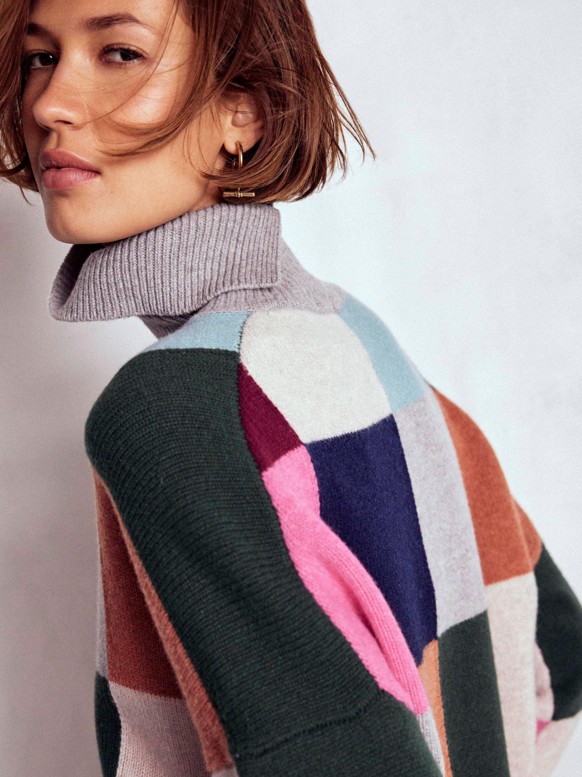 Product image 3 of 7, which shows Boden Polly Check Pure Wool Jumper, Grey/Multi, XS