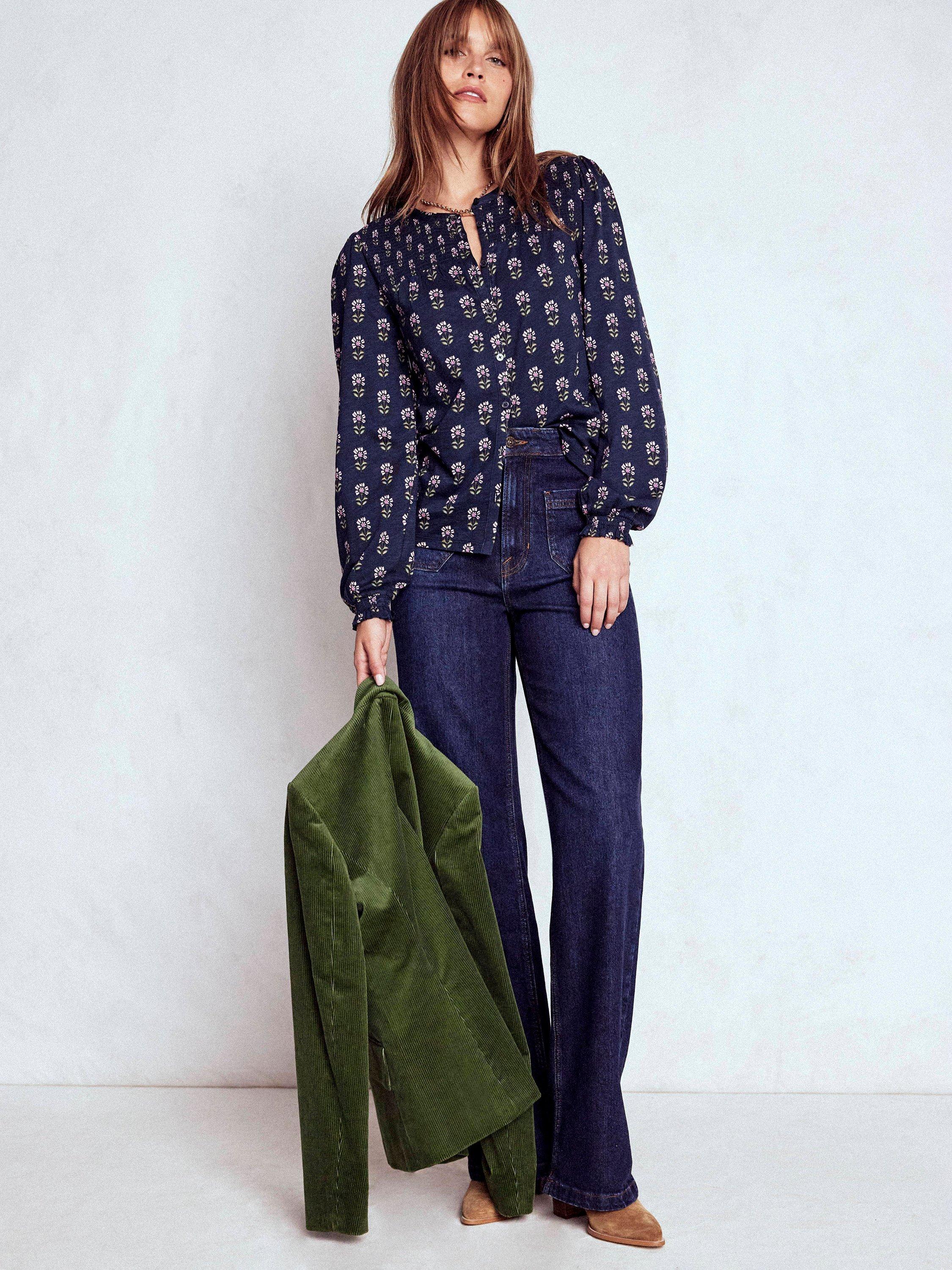 Product image 1 of 5, which shows Boden Elsa Smocked Long Sleeve Blouse , Navy, 8