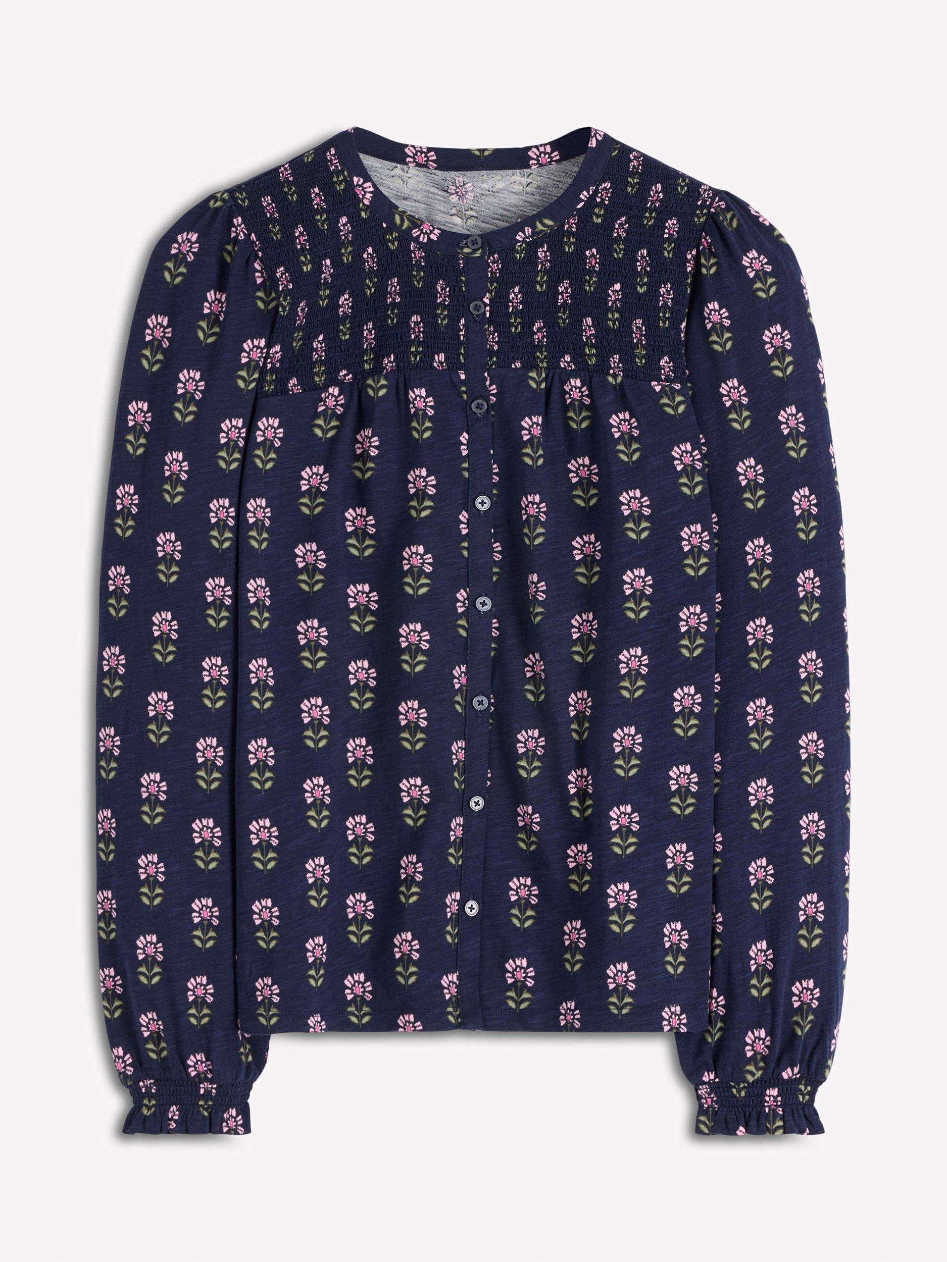 Product image 5 of 5, which shows Boden Elsa Smocked Long Sleeve Blouse , Navy, 8