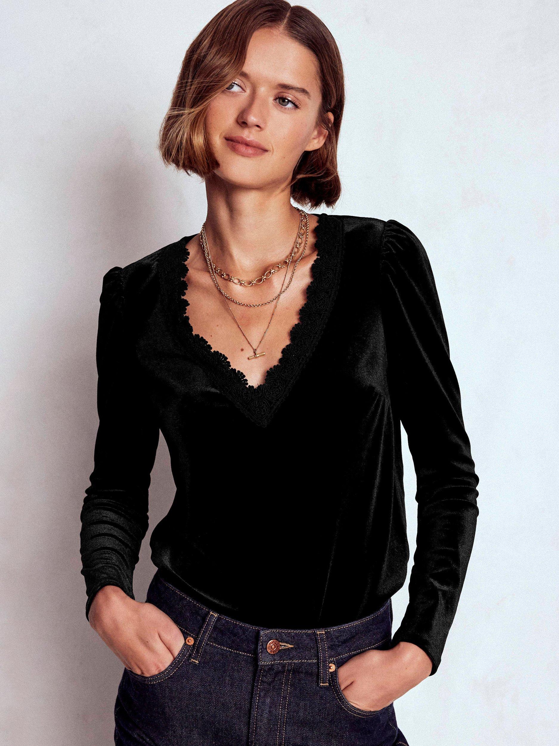 Product image 1 of 6, which shows Boden Flora Long Sleeve V Neck T-Shirt, Black, 8