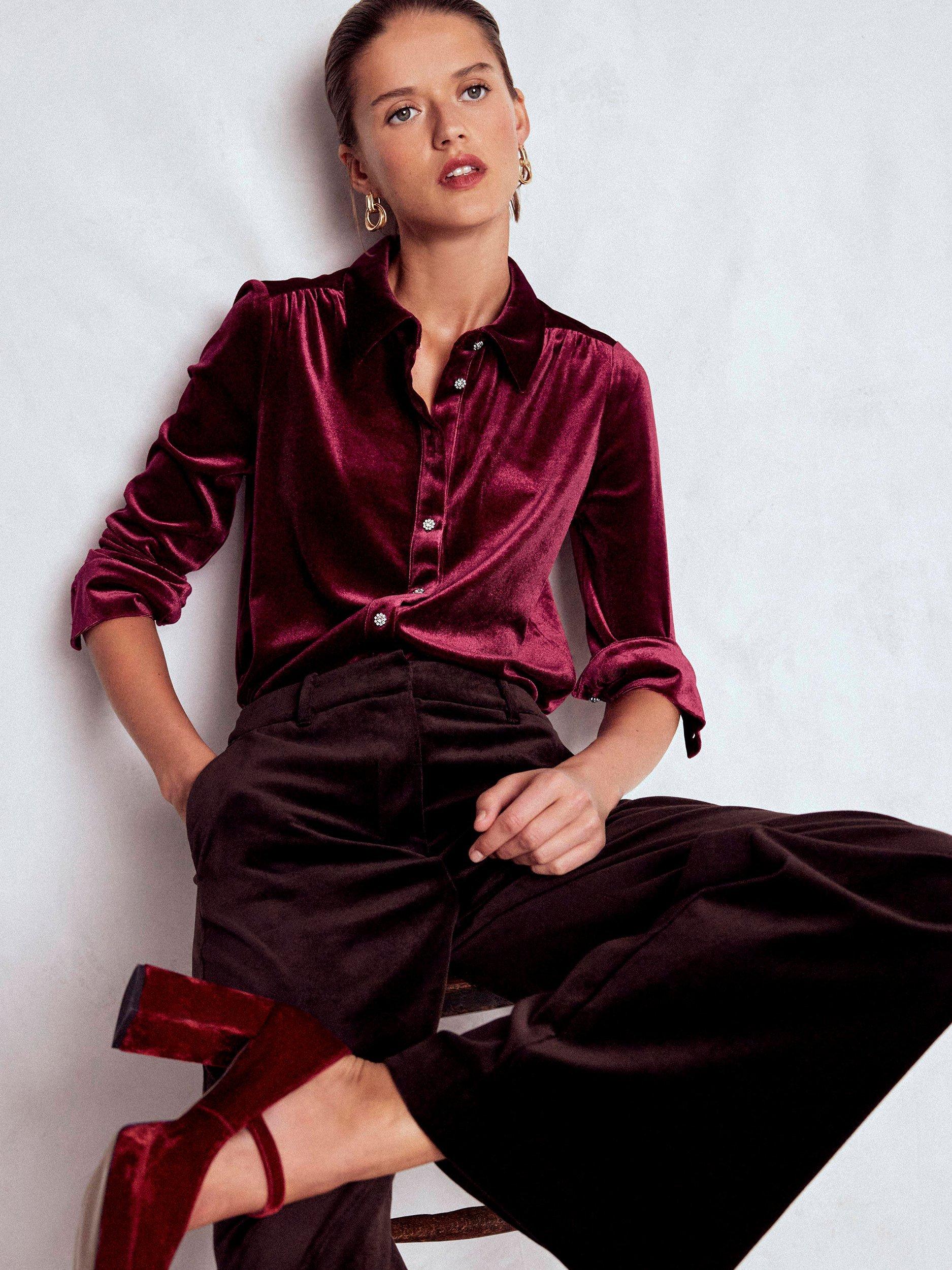 Product image 1 of 5, which shows Boden Long Sleeve Collar Velvet Shirt, Ruby Red, 12