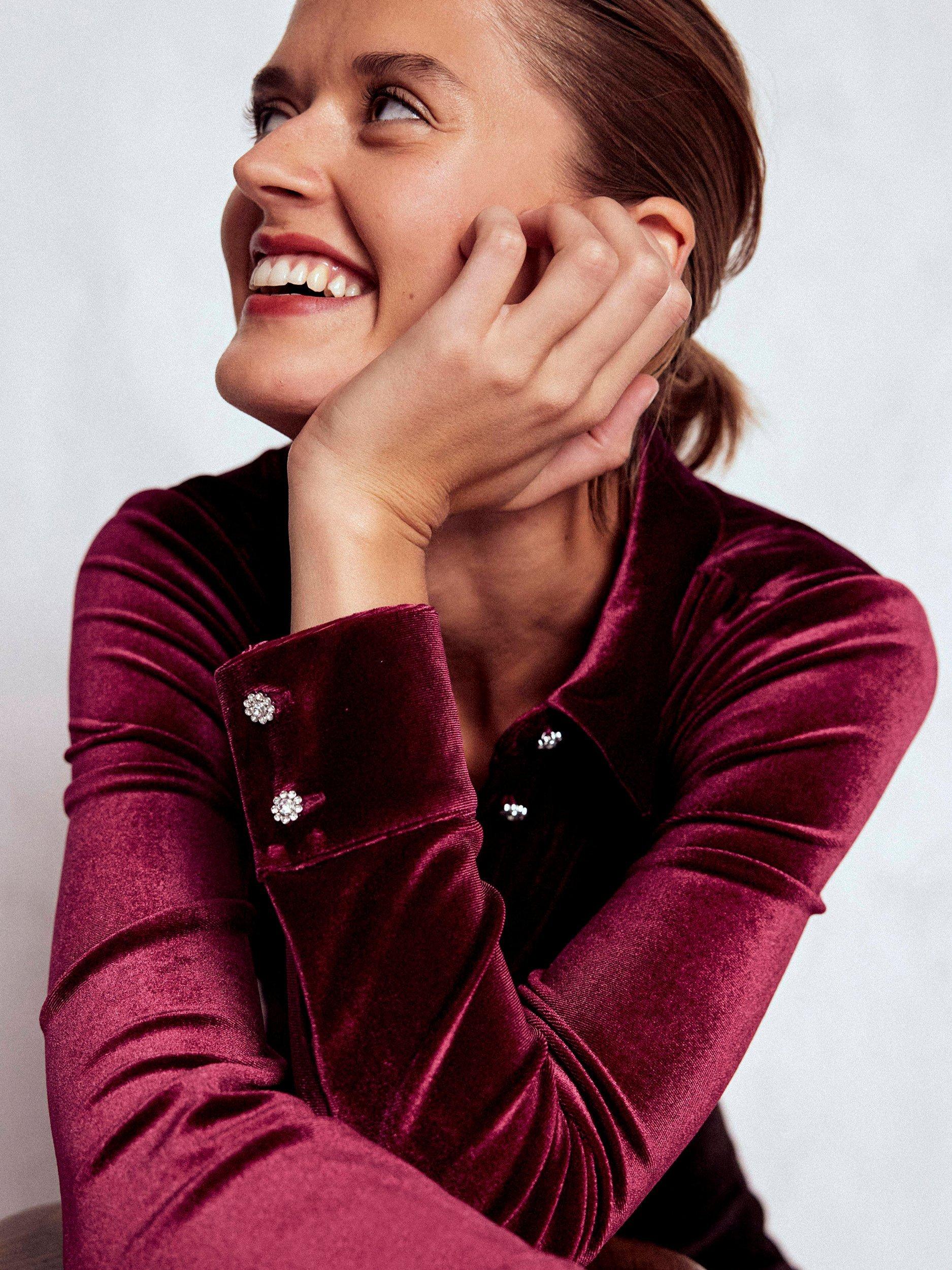 Product image 2 of 5, which shows Boden Long Sleeve Collar Velvet Shirt, Ruby Red, 12