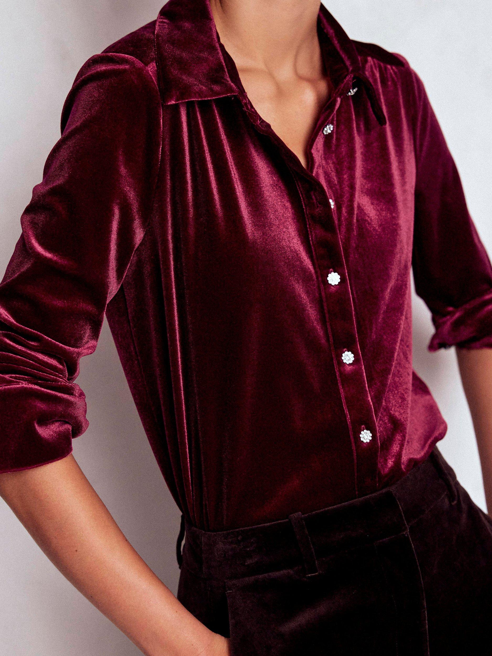 Product image 3 of 5, which shows Boden Long Sleeve Collar Velvet Shirt, Ruby Red, 12