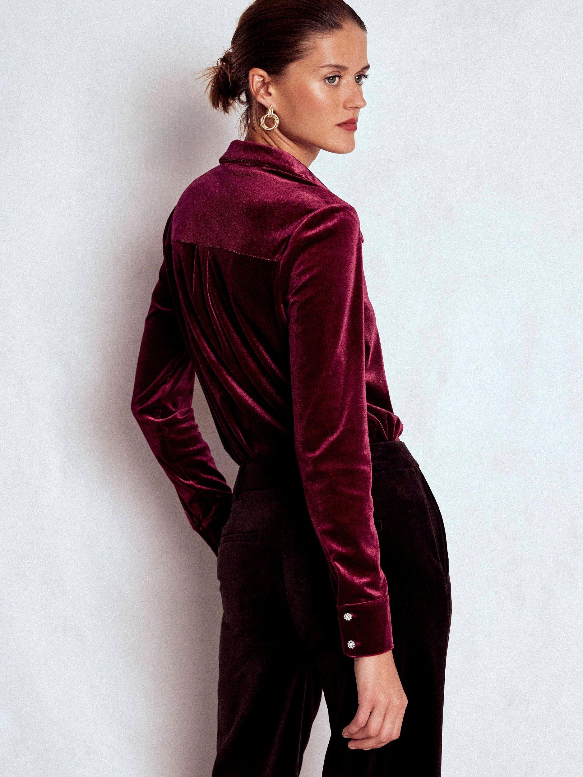 Product image 4 of 5, which shows Boden Long Sleeve Collar Velvet Shirt, Ruby Red, 12