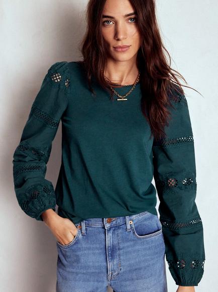 Boden Millie Cotton Blend Long Sleeve Round Neck Lace Mix Blouse, Midnight Teal
