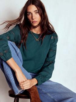 Boden Millie Cotton Blend Long Sleeve Round Neck Lace Mix Blouse - view 2, Midnight Teal