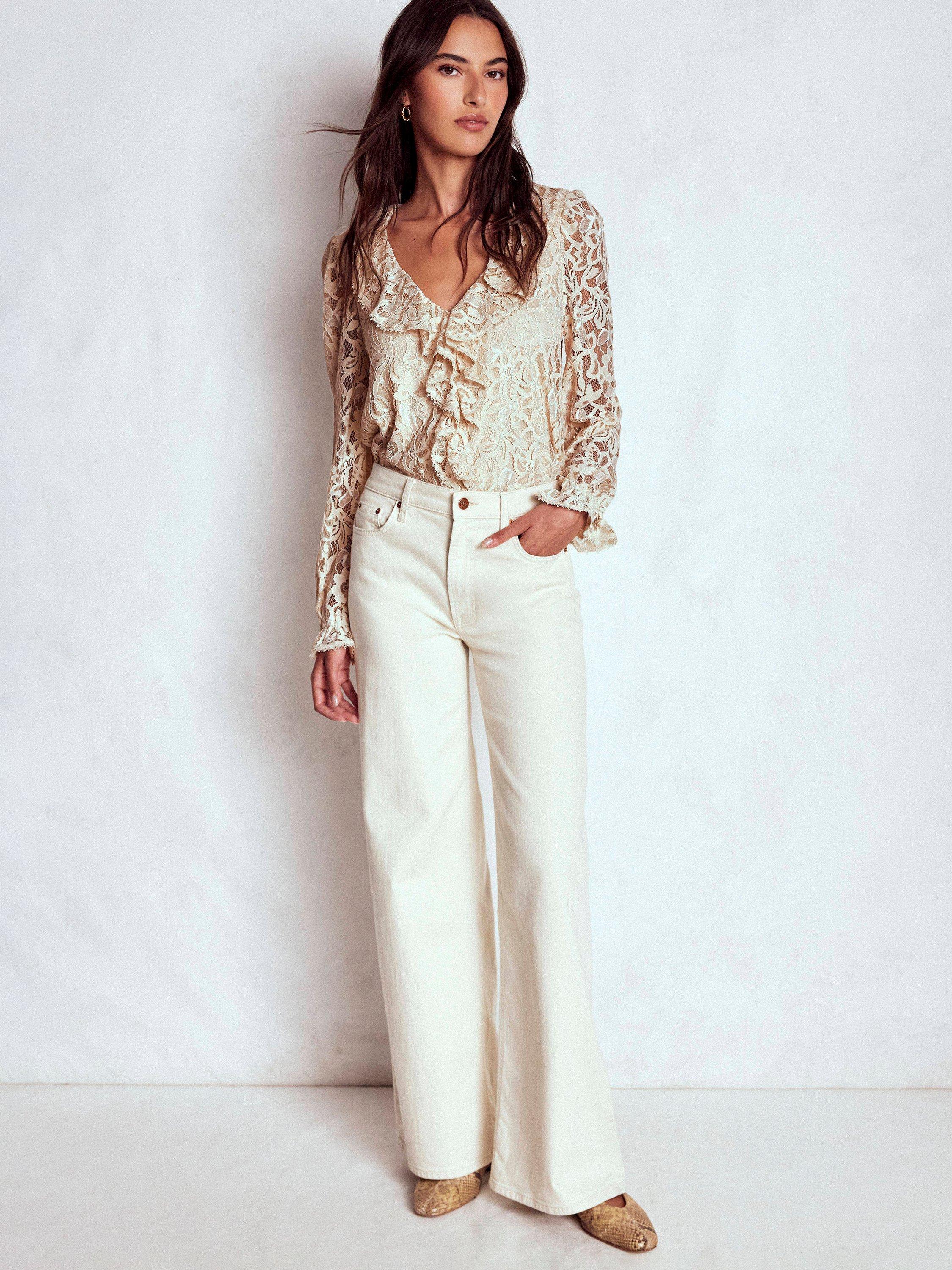 Product image 1 of 5, which shows Boden Ruffle Long Sleeve V Neck Blouse, Ivory, 12