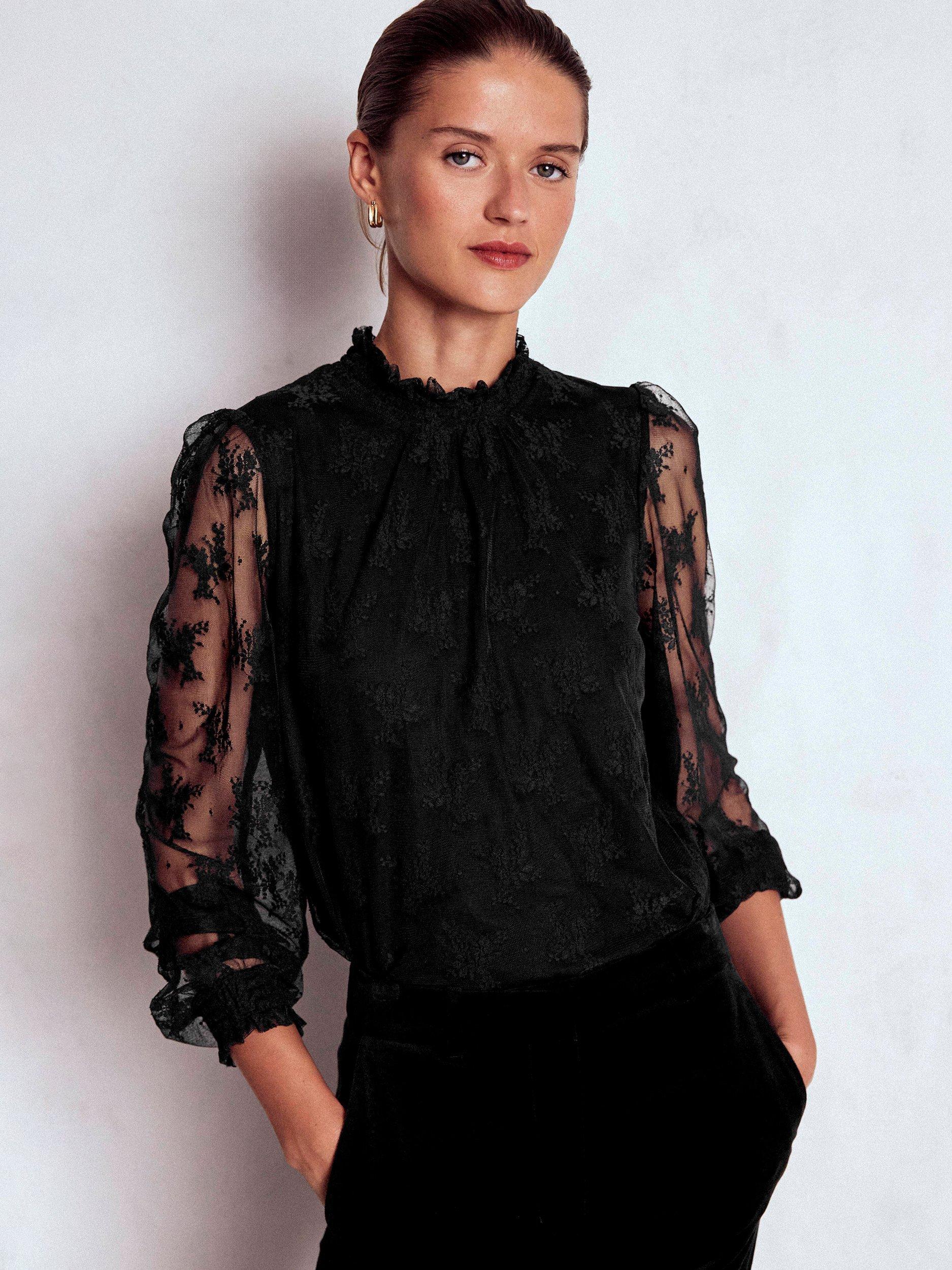 Product image 1 of 6, which shows Boden Long Sleeve Smock Neck Tulle Blouse, Black, 12