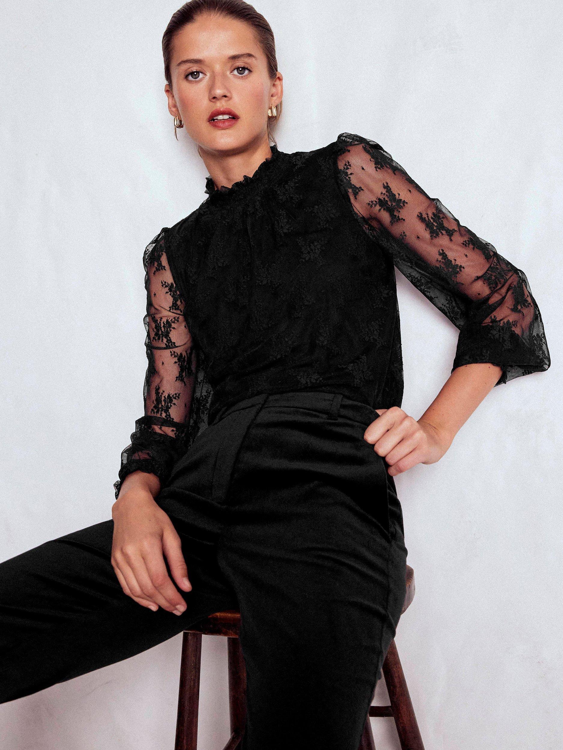 Product image 2 of 6, which shows Boden Long Sleeve Smock Neck Tulle Blouse, Black, 12