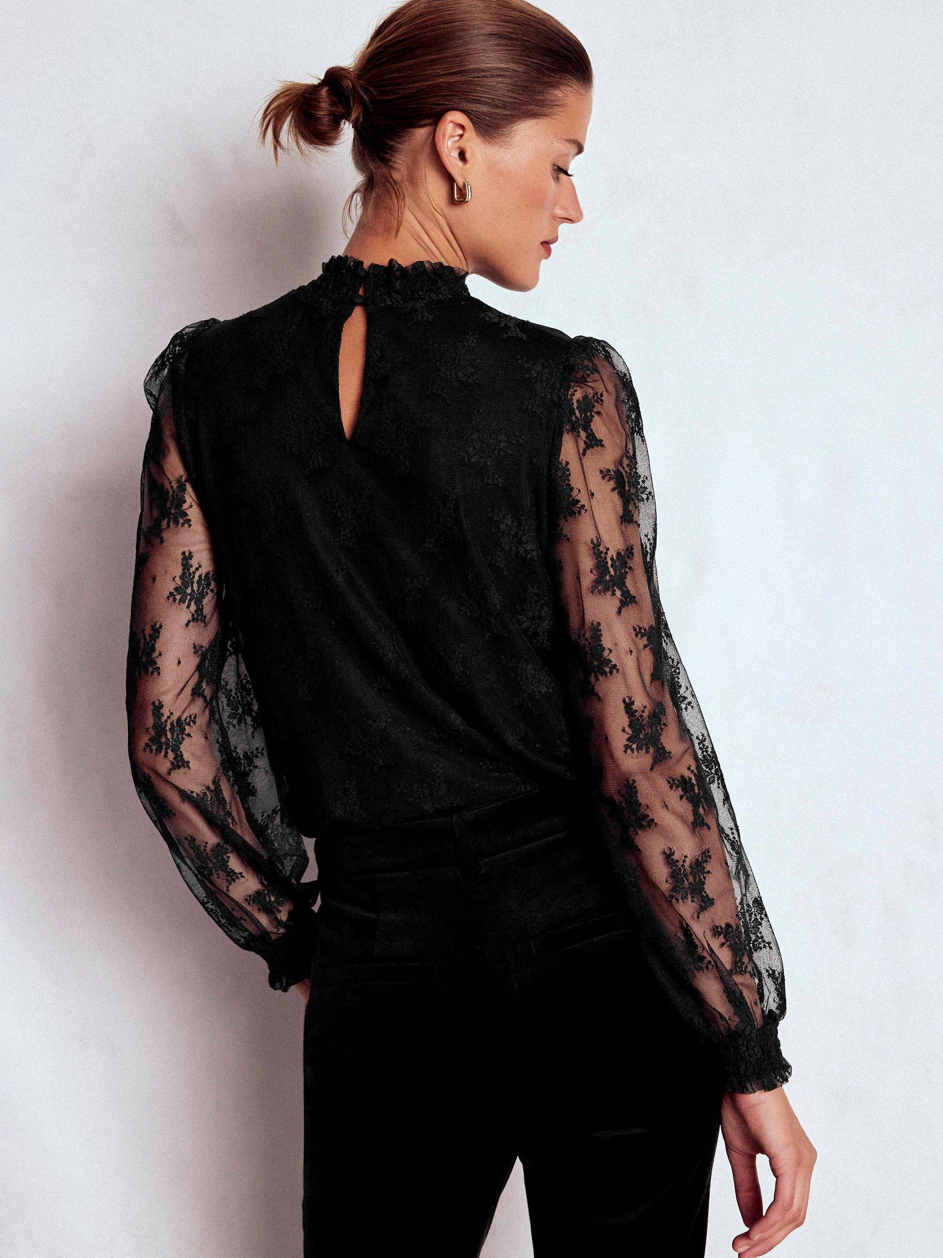 Product image 4 of 6, which shows Boden Long Sleeve Smock Neck Tulle Blouse, Black, 12