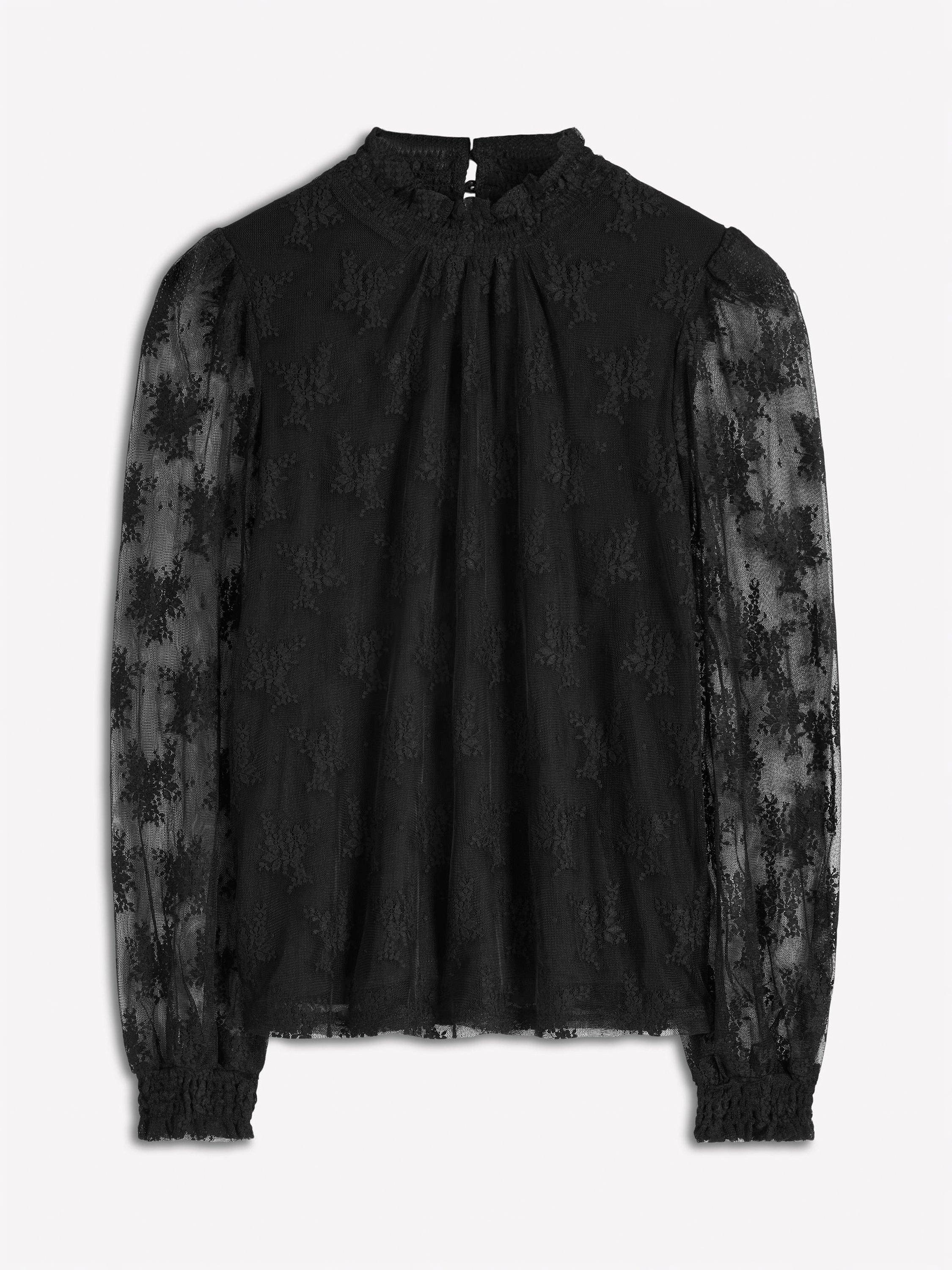 Product image 6 of 6, which shows Boden Long Sleeve Smock Neck Tulle Blouse, Black, 12