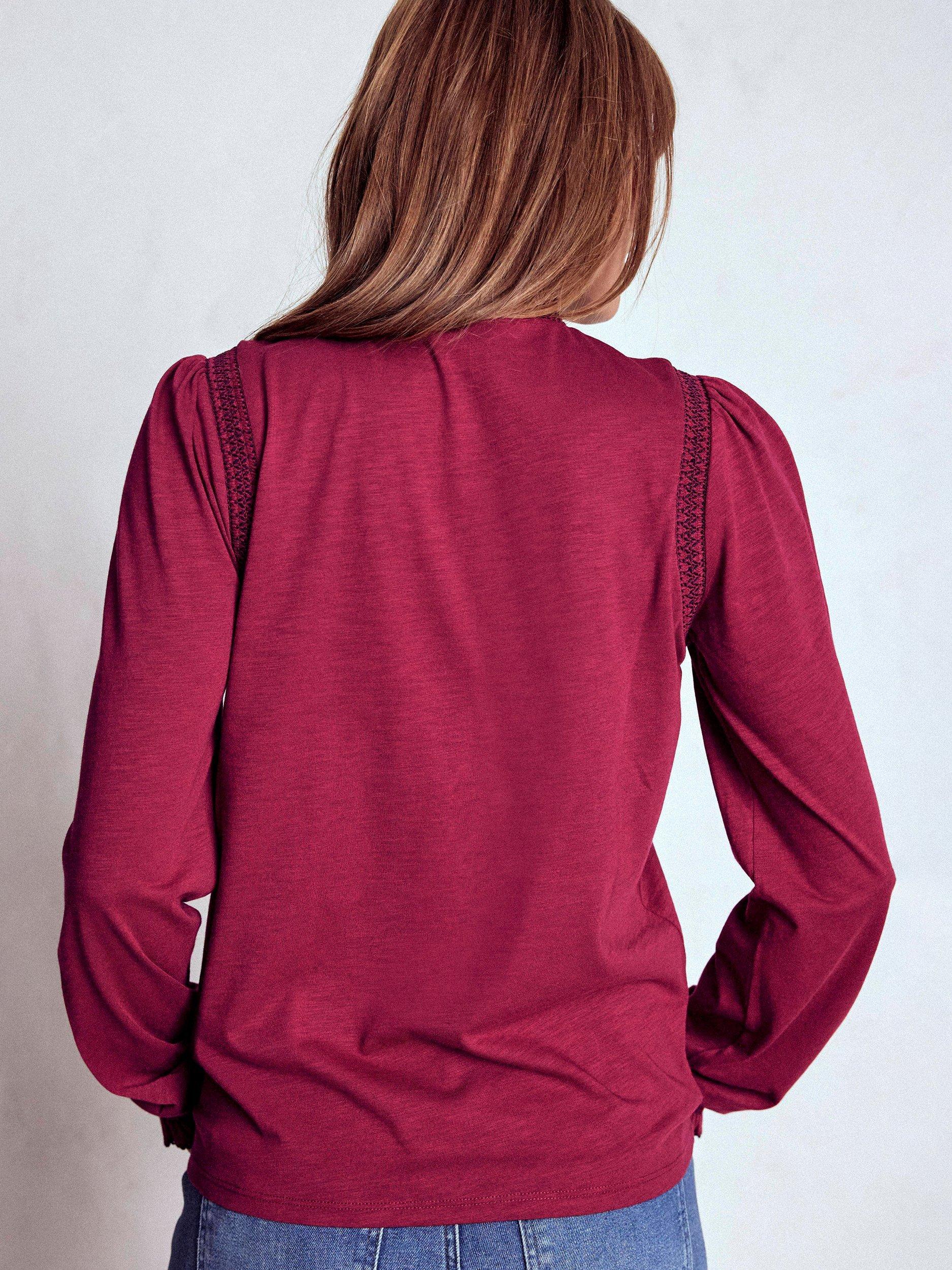 Product image 4 of 5, which shows Boden Tia Long Sleeve High Neck Jersey Top, Ruby Red, 8