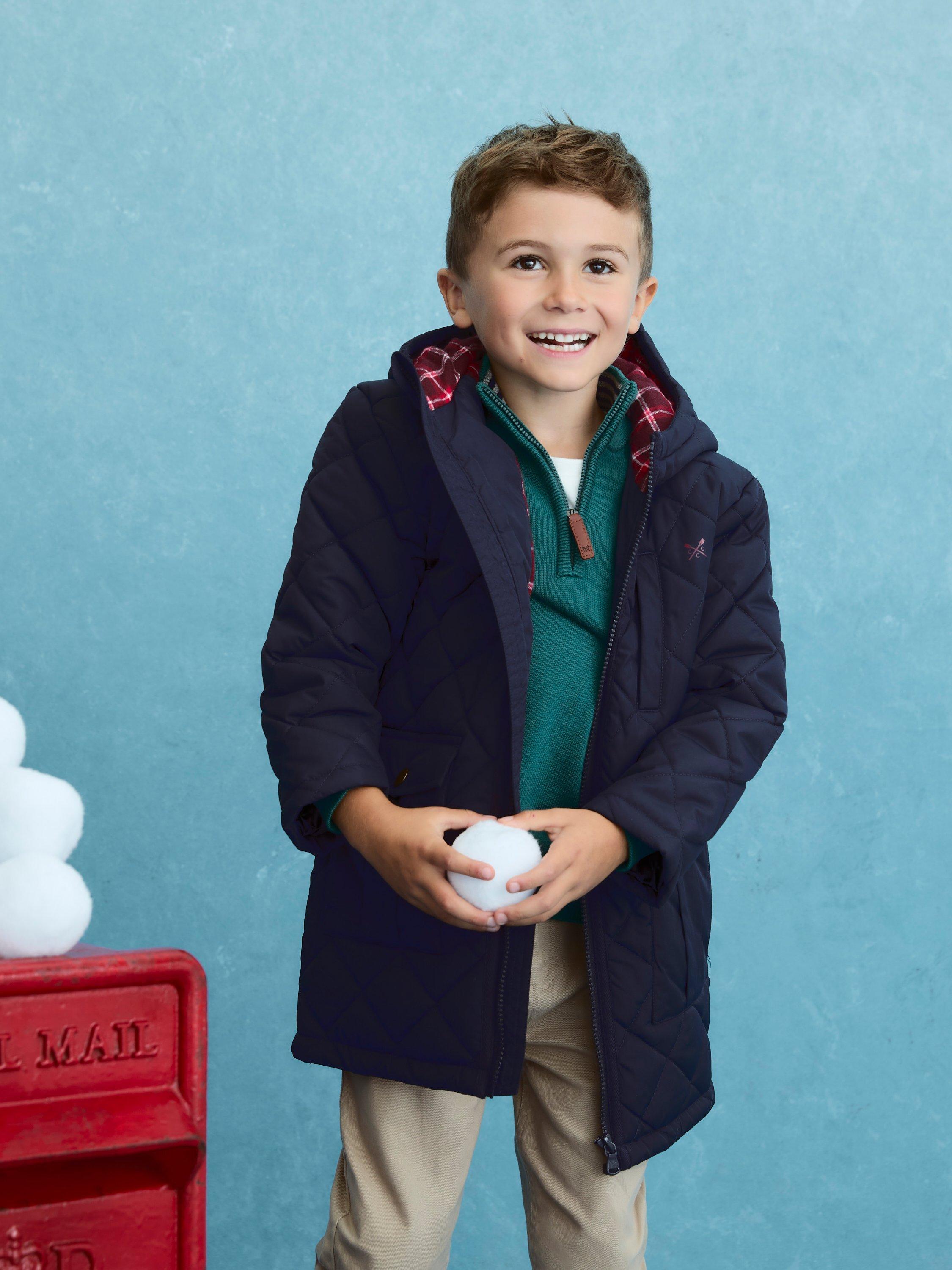 Crew Clothing Kids' Quilted Hooded Jacket, Navy Blue - Main Image